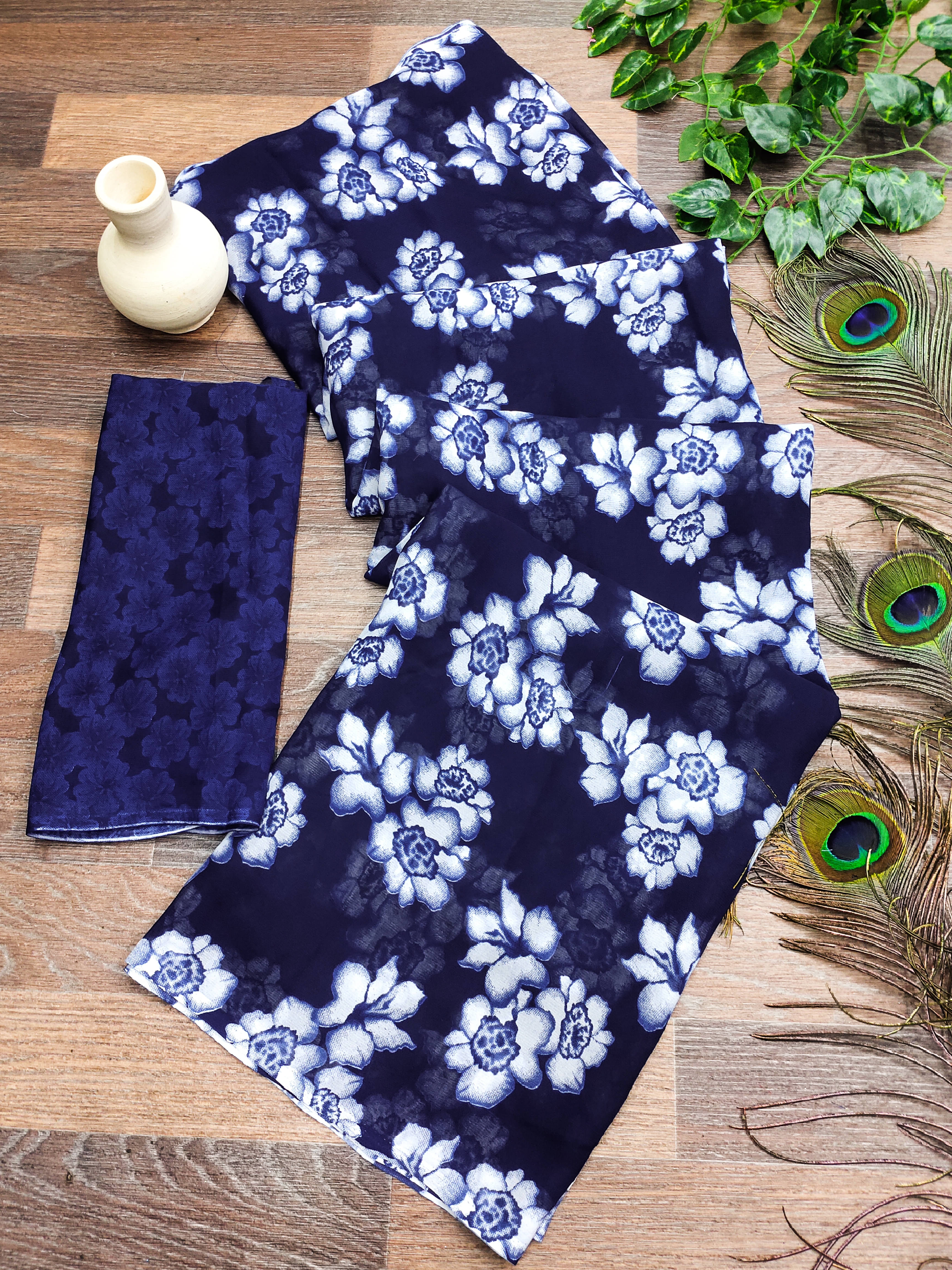     			Kashvi Sarees Georgette Printed Chanderi saree With Unstitched Blouse Piece ( Navy Blue )