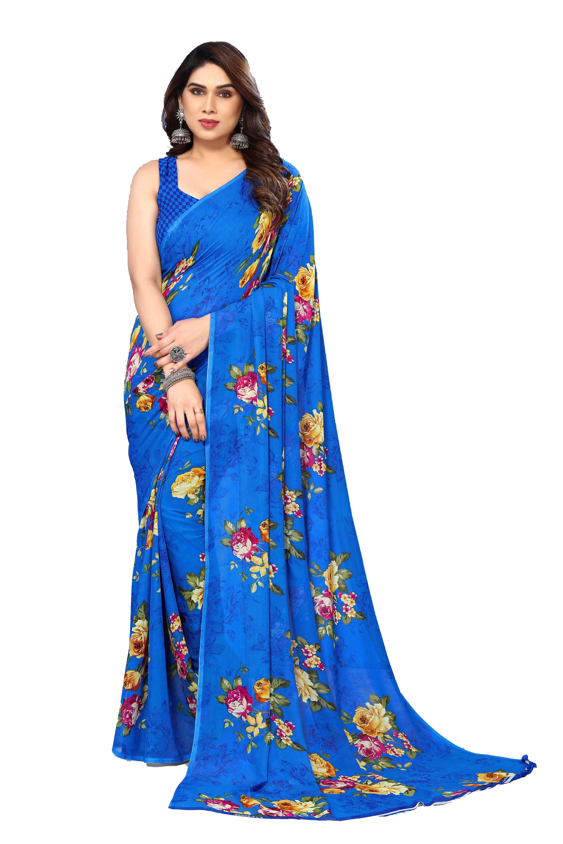 Kashvi Sarees Georgette Printed Chanderi saree With Unstitched Blouse Piece ( Blue )     			Kashvi Sarees Georgette Printed Chanderi saree With Unstitched Blouse Piece ( Blue )