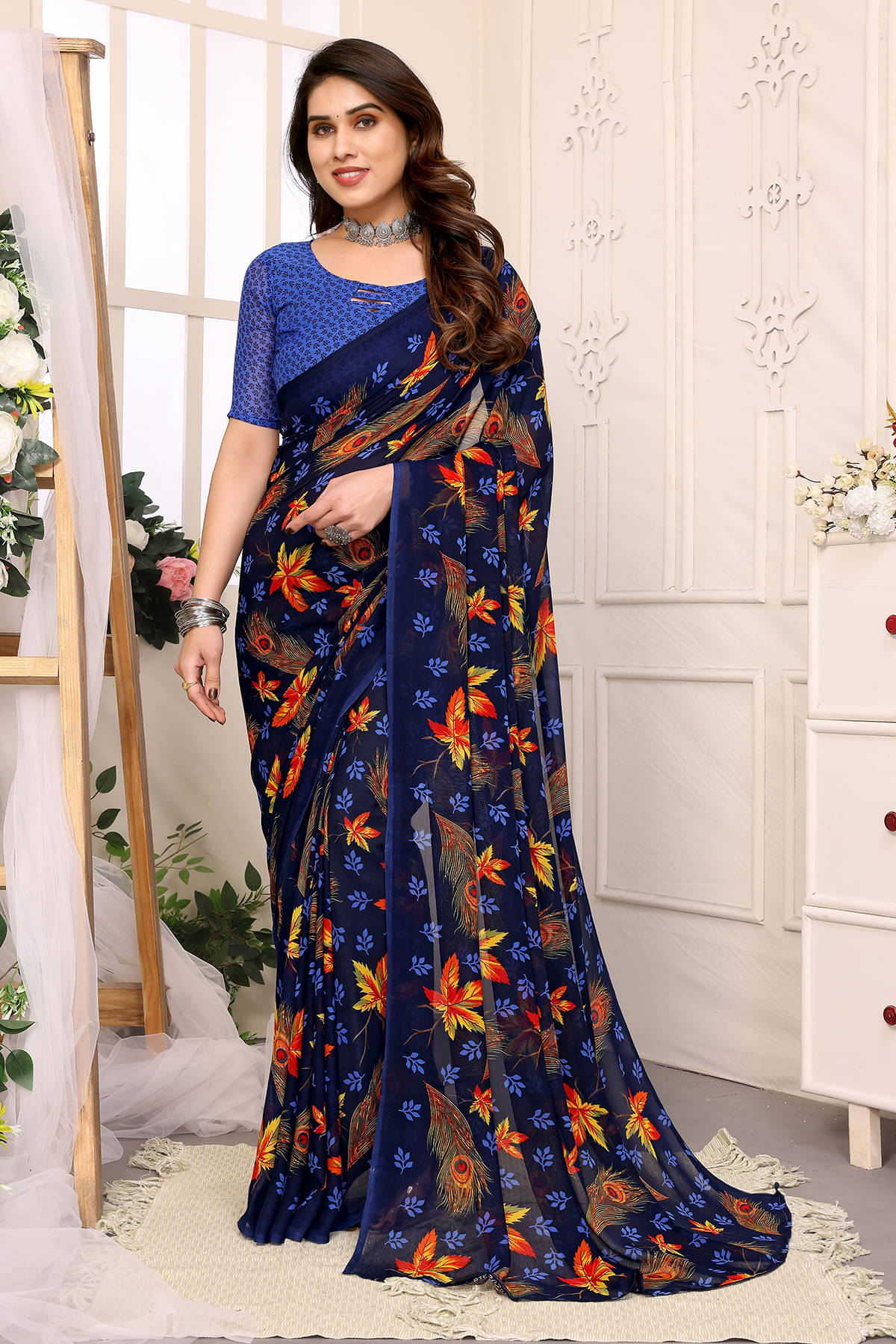 Kashvi Sarees Georgette Printed Chanderi saree With Unstitched Blouse Piece ( Blue )     			Kashvi Sarees Georgette Printed Chanderi saree With Unstitched Blouse Piece ( Blue )