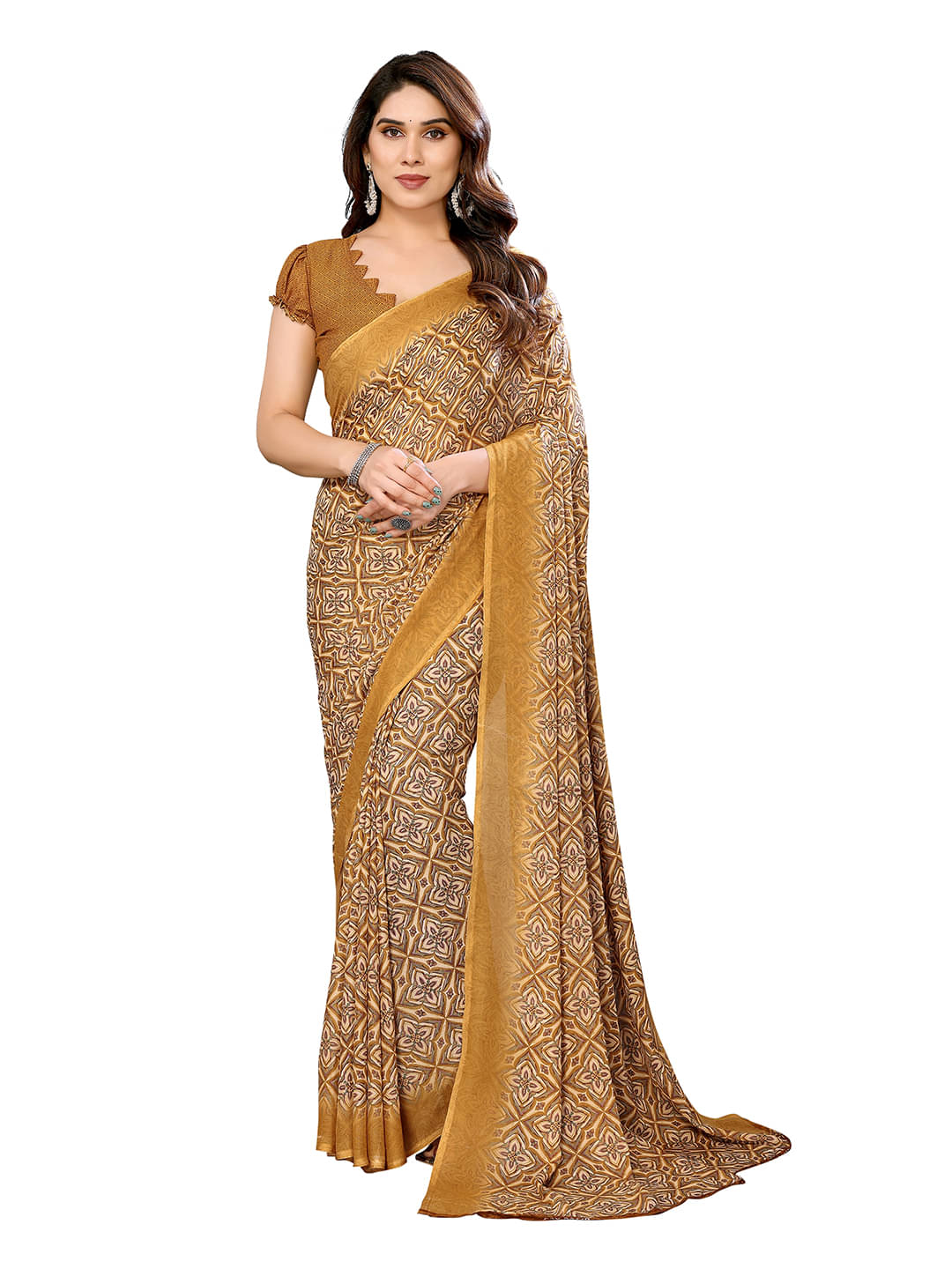     			Kashvi Sarees Georgette Printed Chanderi saree With Unstitched Blouse Piece ( Yellow )