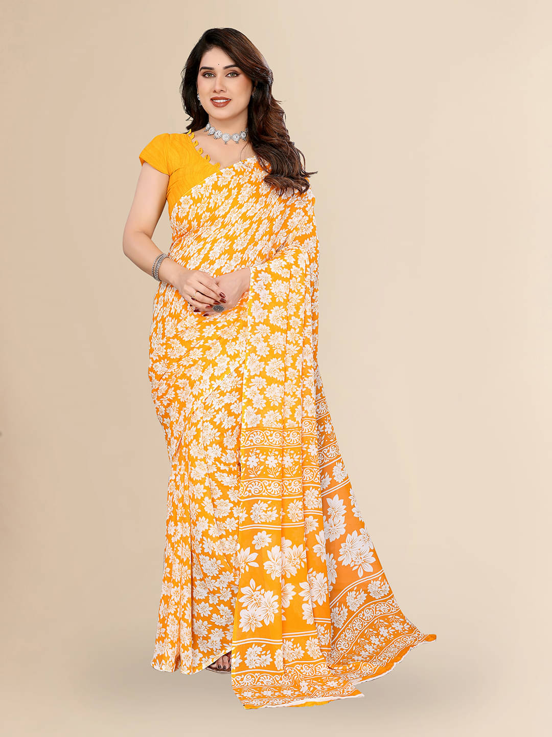     			Kashvi Sarees Georgette Printed Chanderi saree With Unstitched Blouse Piece ( Yellow )