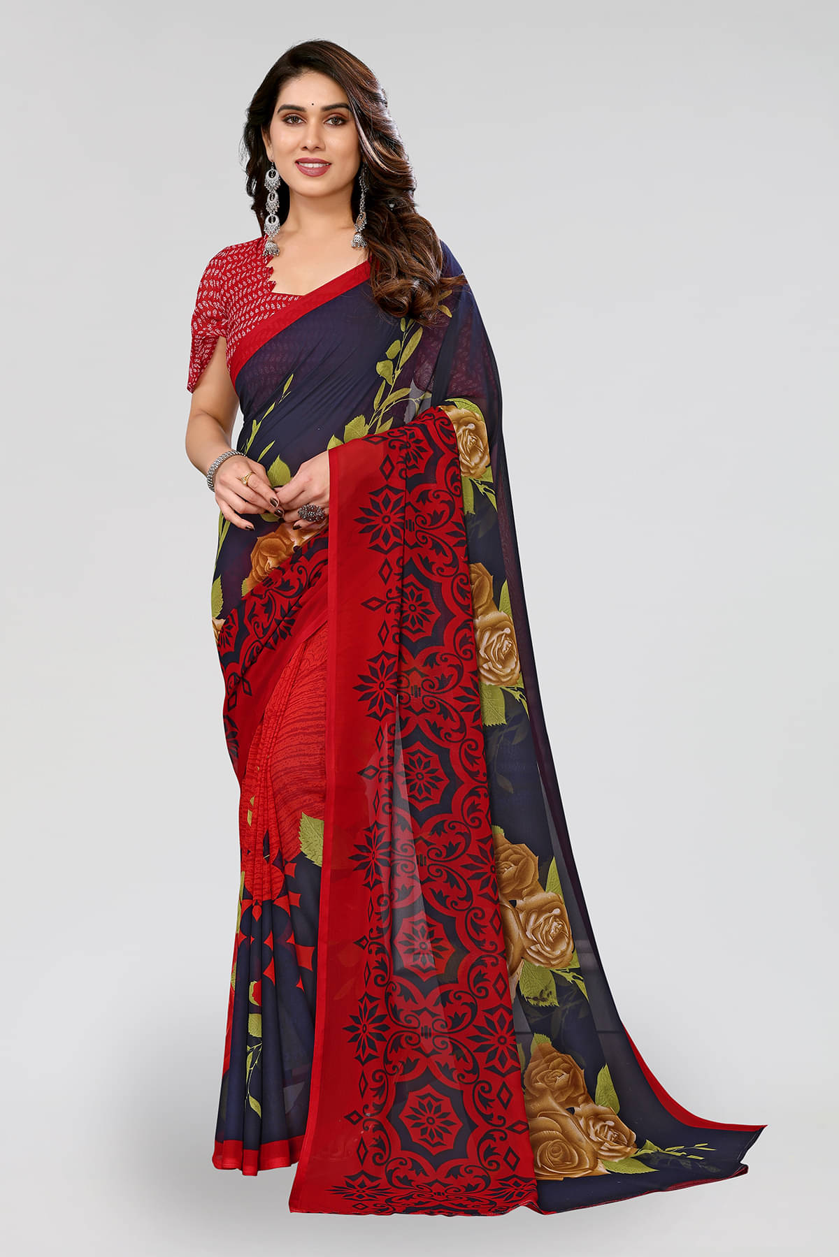 Kashvi Sarees Georgette Printed Chanderi saree With Unstitched Blouse Piece ( Red )     			Kashvi Sarees Georgette Printed Chanderi saree With Unstitched Blouse Piece ( Red )