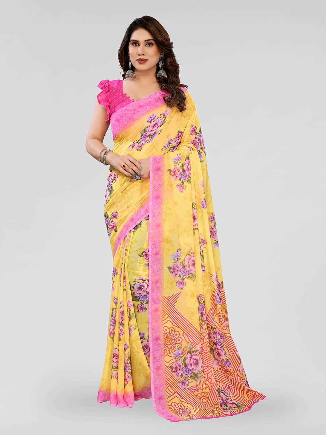 Kashvi Sarees Georgette Printed Chanderi saree With Unstitched Blouse Piece ( Yellow ) Kashvi Sarees Georgette Printed Chanderi saree With Unstitched Blouse Piece ( Yellow )