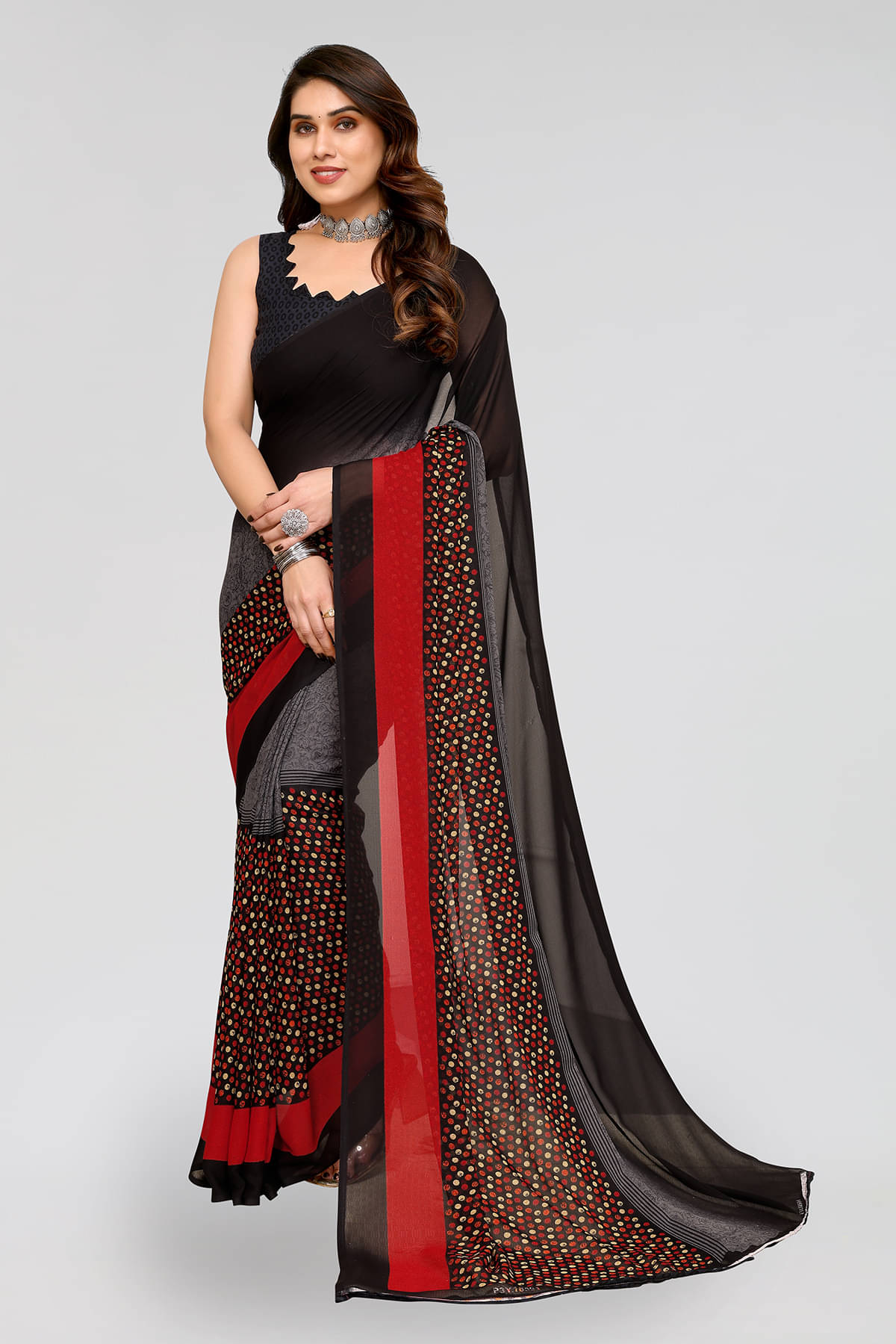     			Kashvi Sarees Georgette Printed Chanderi saree With Unstitched Blouse Piece ( Black )