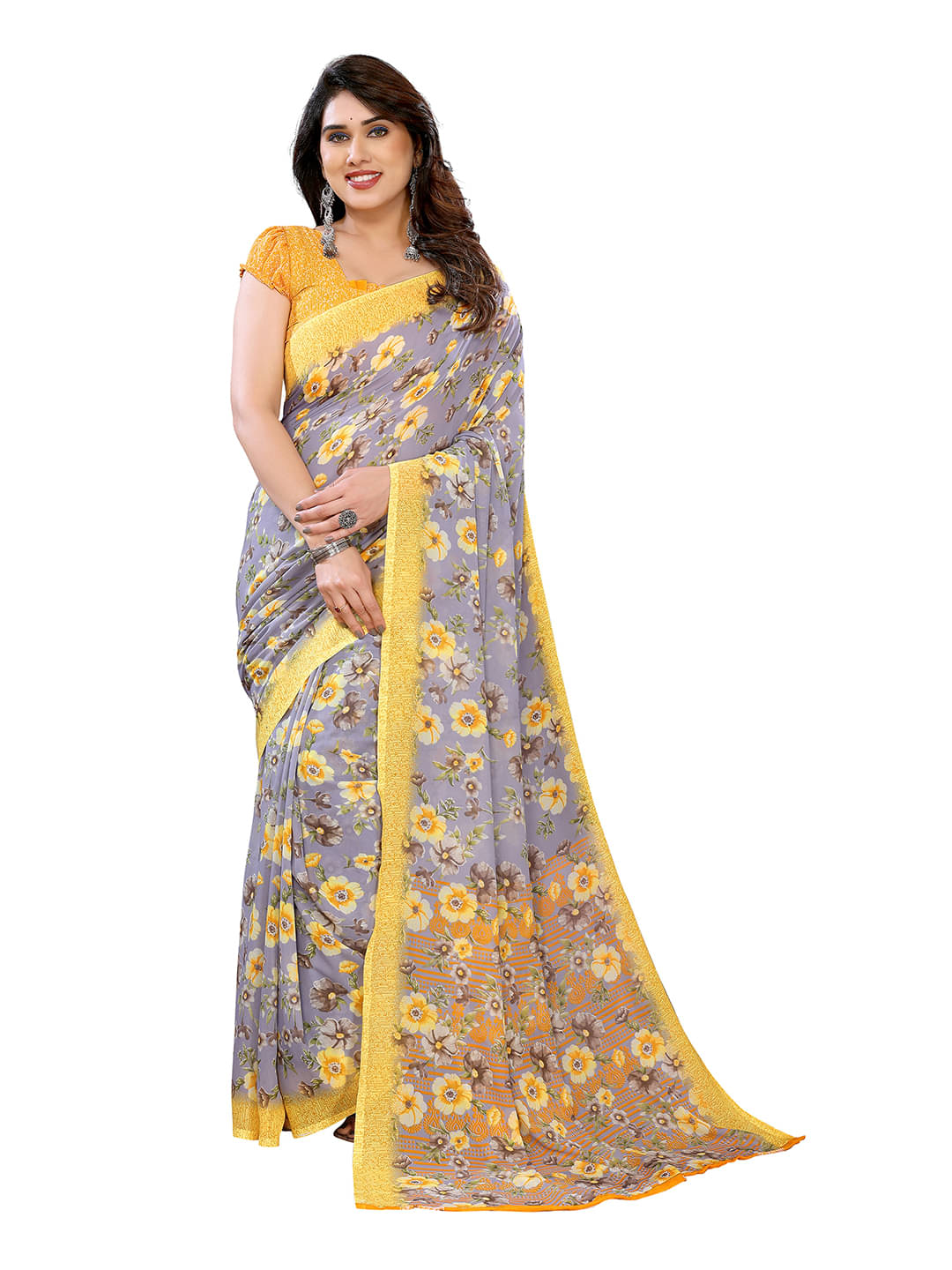     			Kashvi Sarees Georgette Printed Chanderi saree With Unstitched Blouse Piece ( Grey )