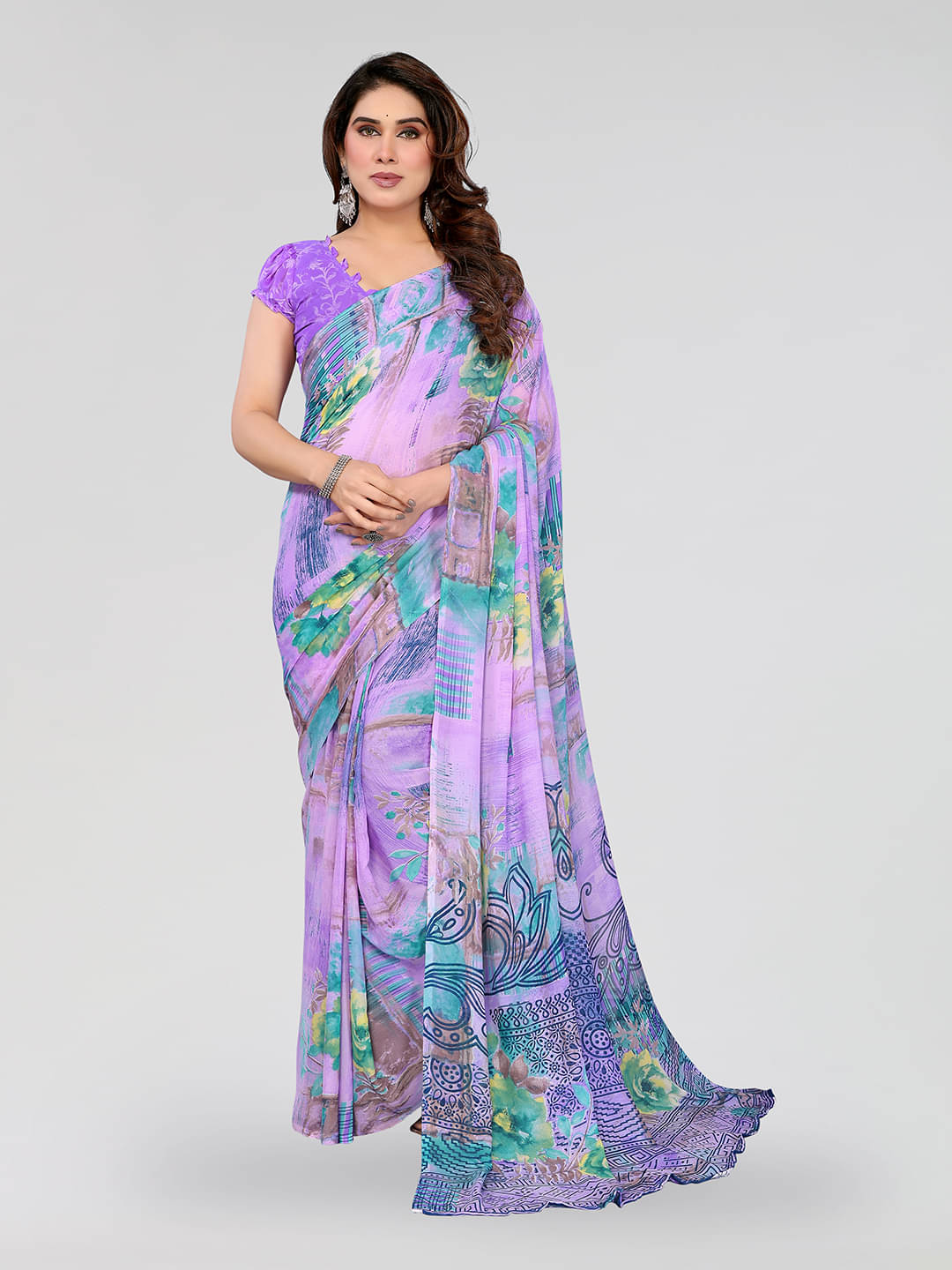 Kashvi Sarees Georgette Printed Chanderi saree With Unstitched Blouse Piece ( Purple ) Kashvi Sarees Georgette Printed Chanderi saree With Unstitched Blouse Piece ( Purple )