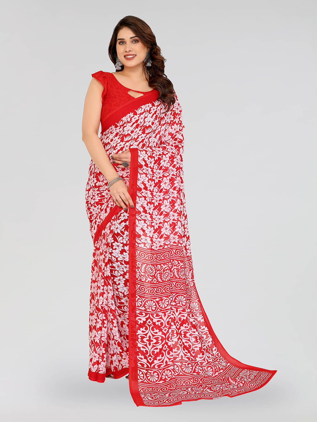 Kashvi Sarees Georgette Printed Chanderi saree With Unstitched Blouse Piece ( Red ) Kashvi Sarees Georgette Printed Chanderi saree With Unstitched Blouse Piece ( Red )