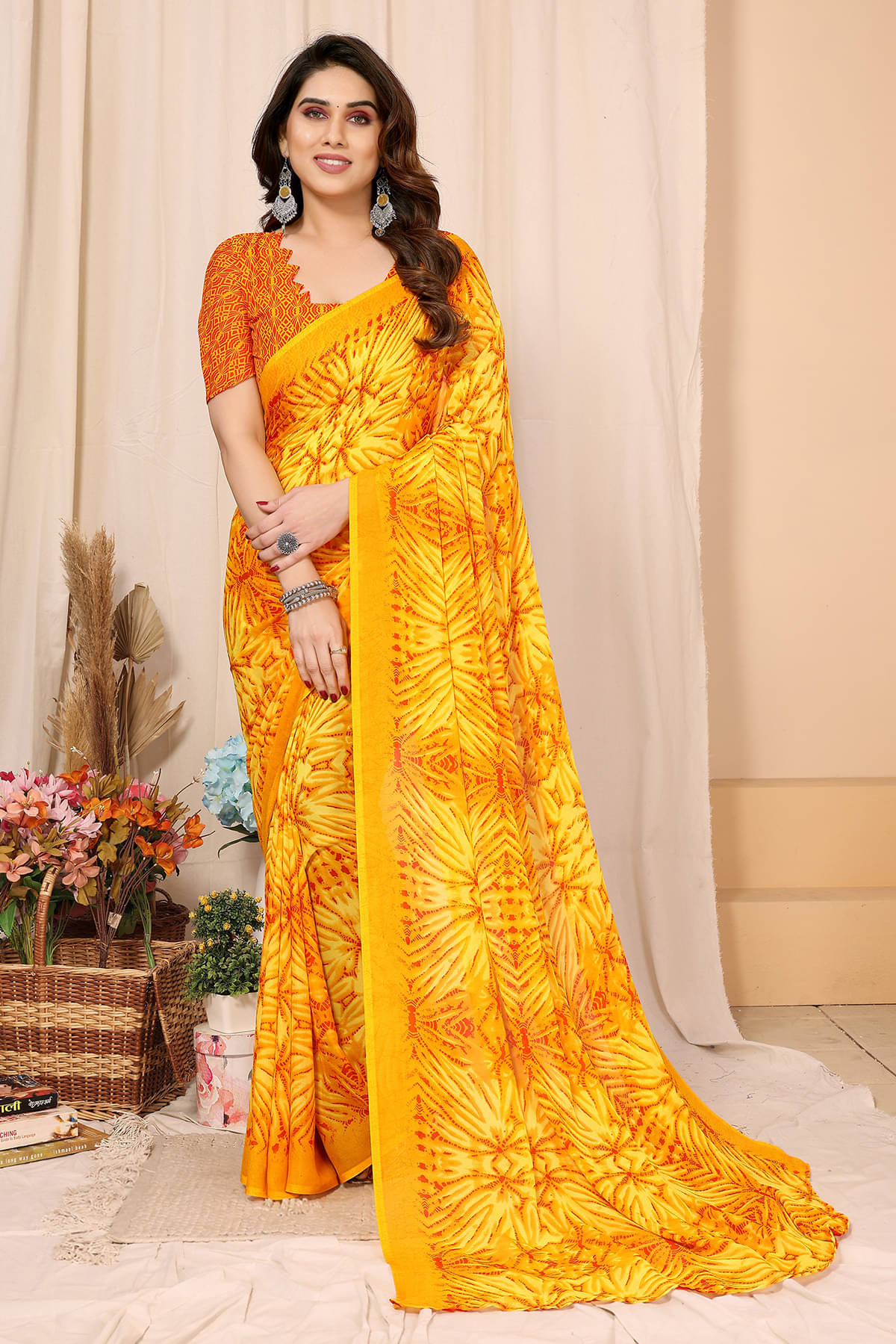     			Kashvi Sarees Georgette Printed Chanderi saree With Unstitched Blouse Piece ( Yellow )
