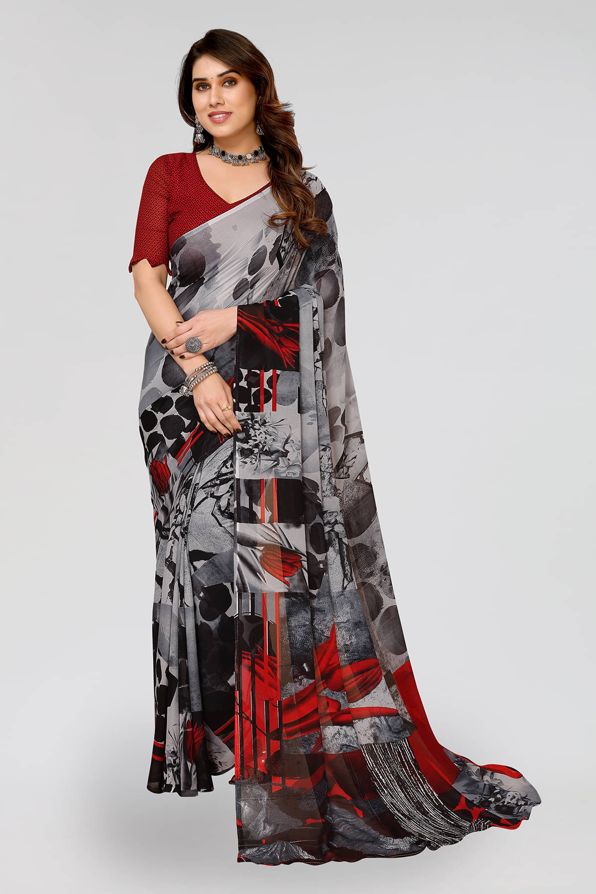     			Kashvi Sarees Georgette Printed Chanderi saree With Unstitched Blouse Piece ( Black )