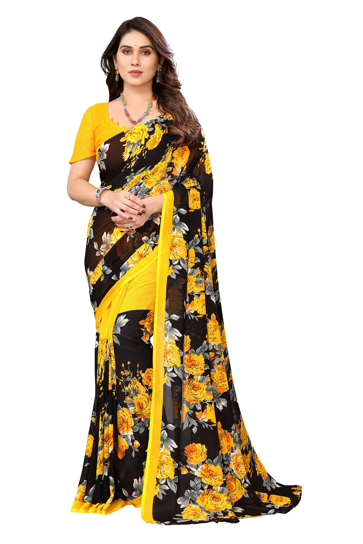     			Kashvi Sarees Georgette Printed Chanderi saree With Unstitched Blouse Piece ( Yellow )