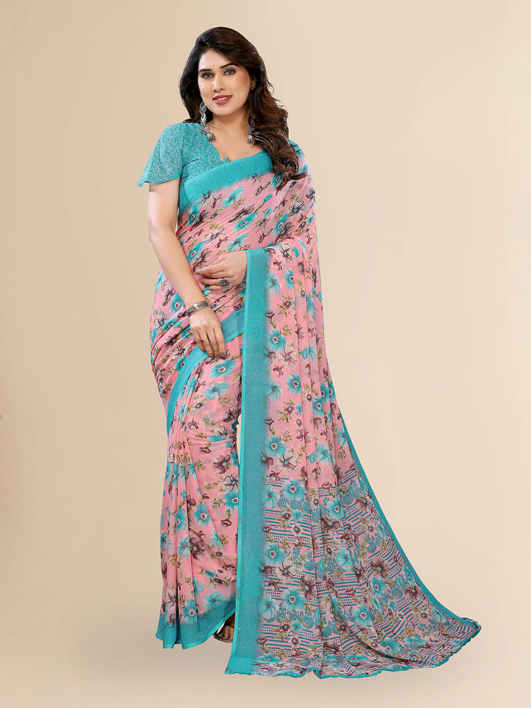 Kashvi Sarees Georgette Printed Chanderi saree With Unstitched Blouse Piece ( Pink ) Kashvi Sarees Georgette Printed Chanderi saree With Unstitched Blouse Piece ( Pink )