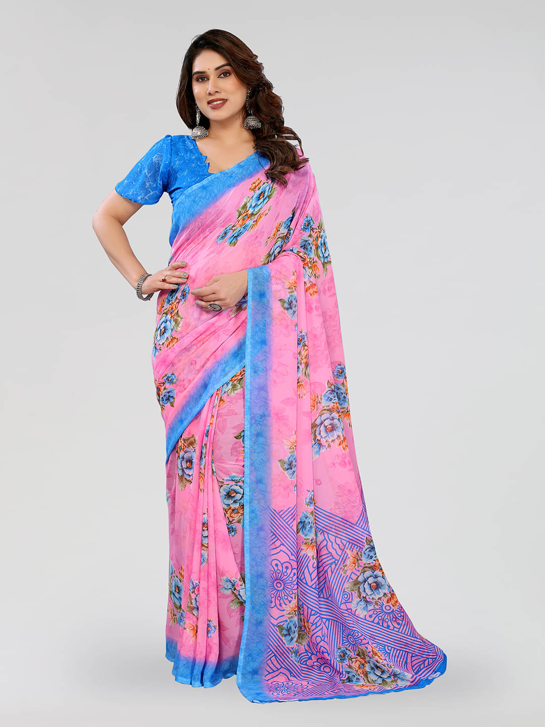 Kashvi Sarees Georgette Printed Chanderi saree With Unstitched Blouse Piece ( Pink )     			Kashvi Sarees Georgette Printed Chanderi saree With Unstitched Blouse Piece ( Pink )