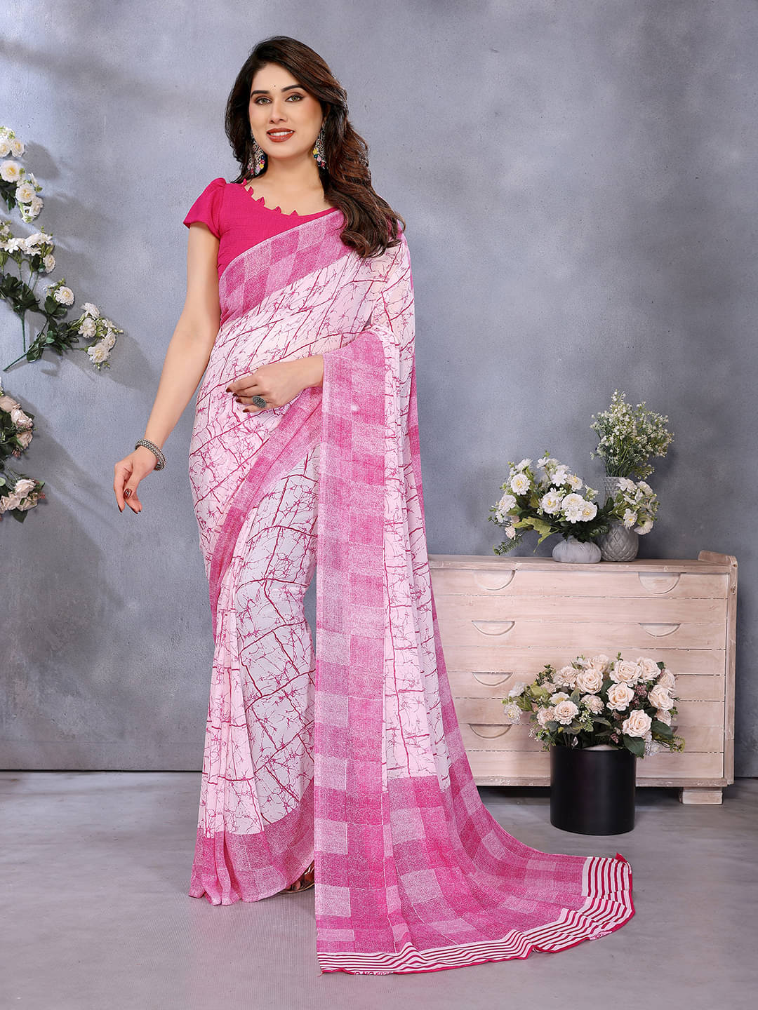 Kashvi Sarees Georgette Printed Chanderi saree With Unstitched Blouse Piece ( Pink ) Kashvi Sarees Georgette Printed Chanderi saree With Unstitched Blouse Piece ( Pink )