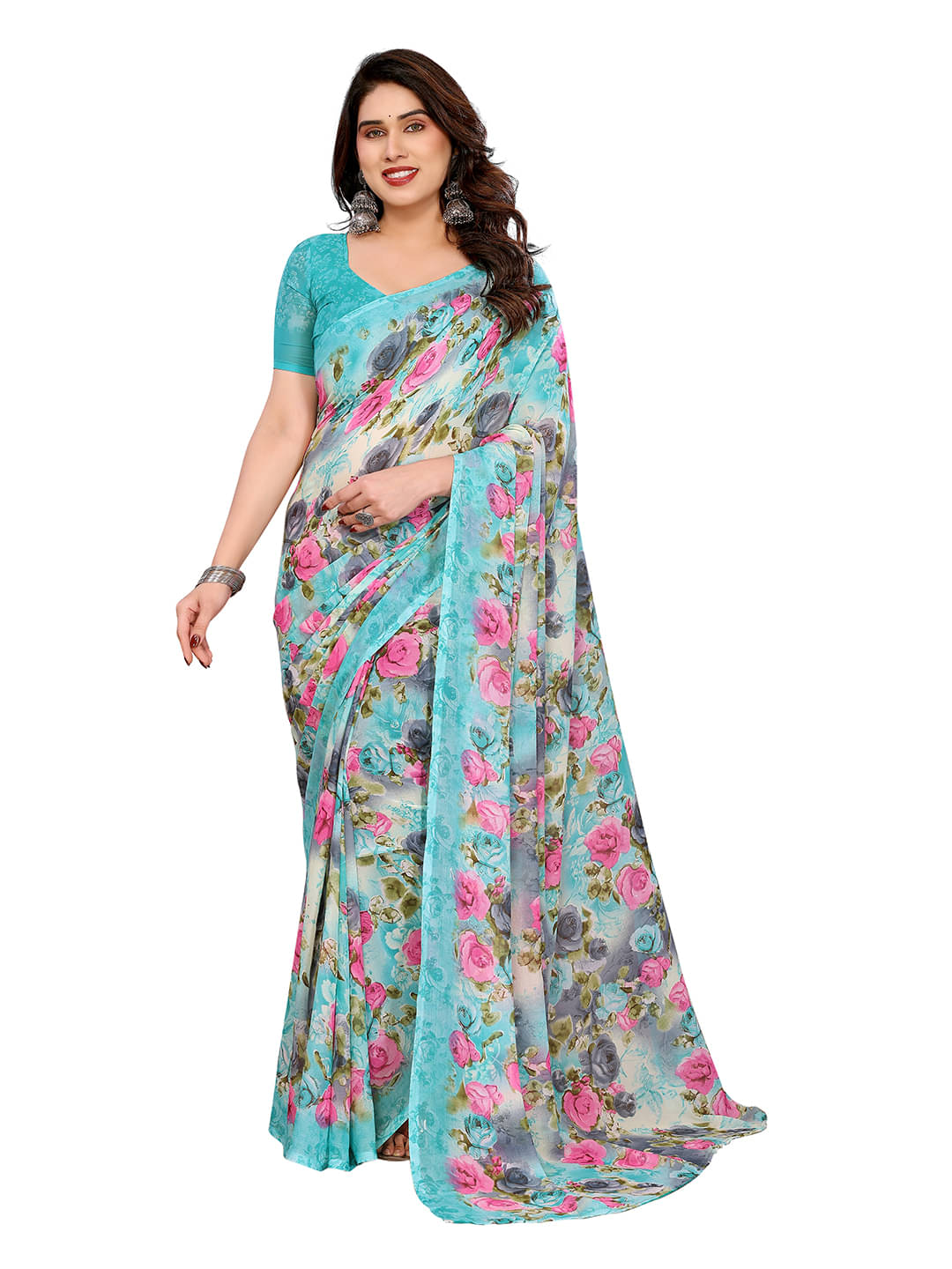     			Kashvi Sarees Georgette Printed Chanderi saree With Unstitched Blouse Piece ( Aqua Blue )
