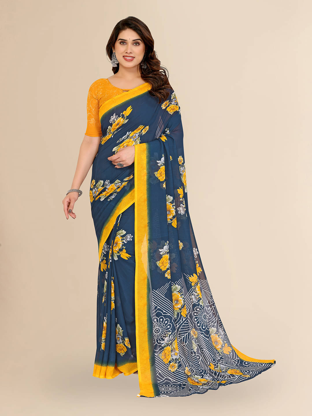     			Kashvi Sarees Georgette Printed Chanderi saree With Unstitched Blouse Piece ( Turquoise )