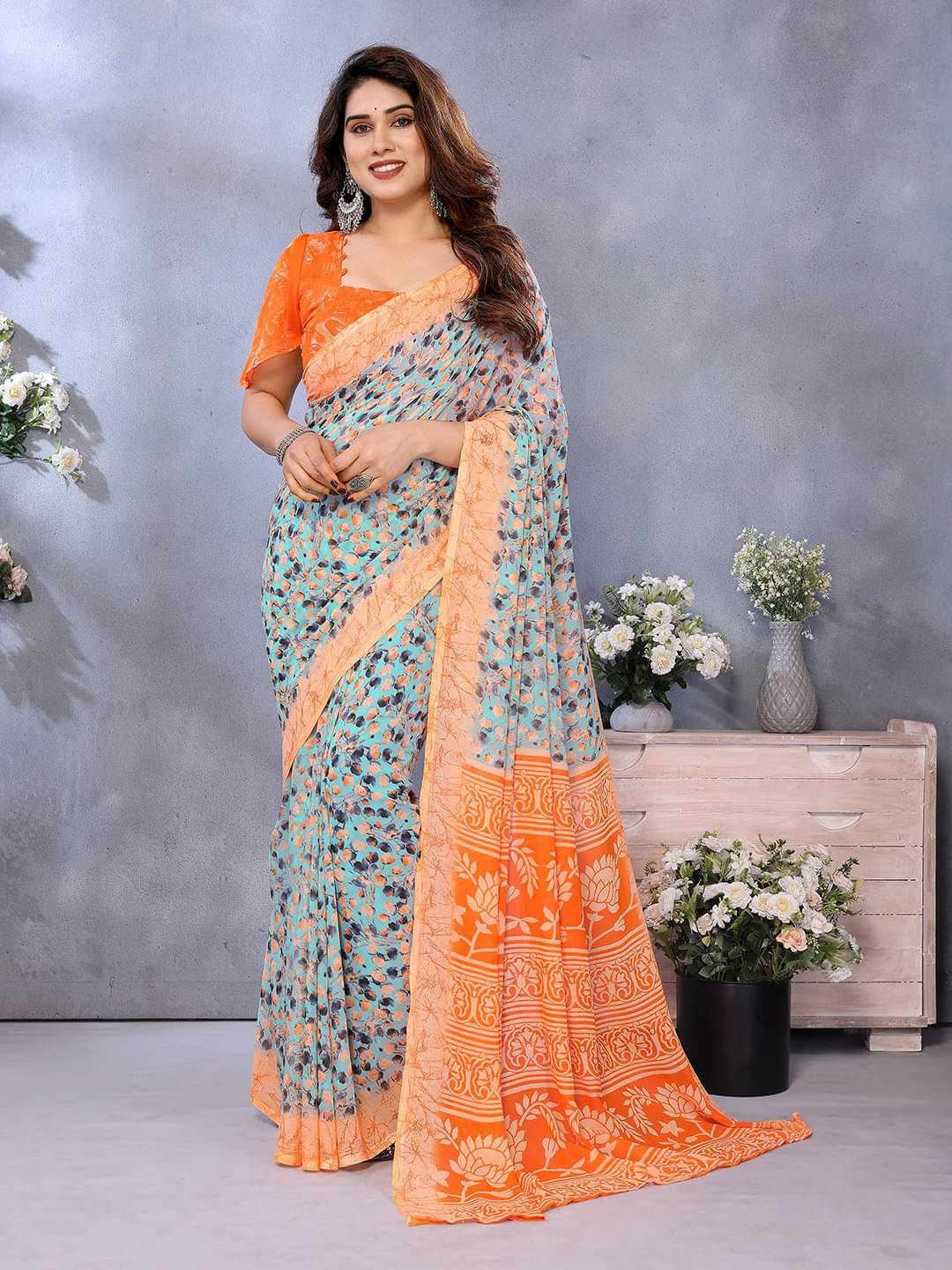     			Kashvi Sarees Georgette Printed Chanderi saree With Unstitched Blouse Piece ( Orange )