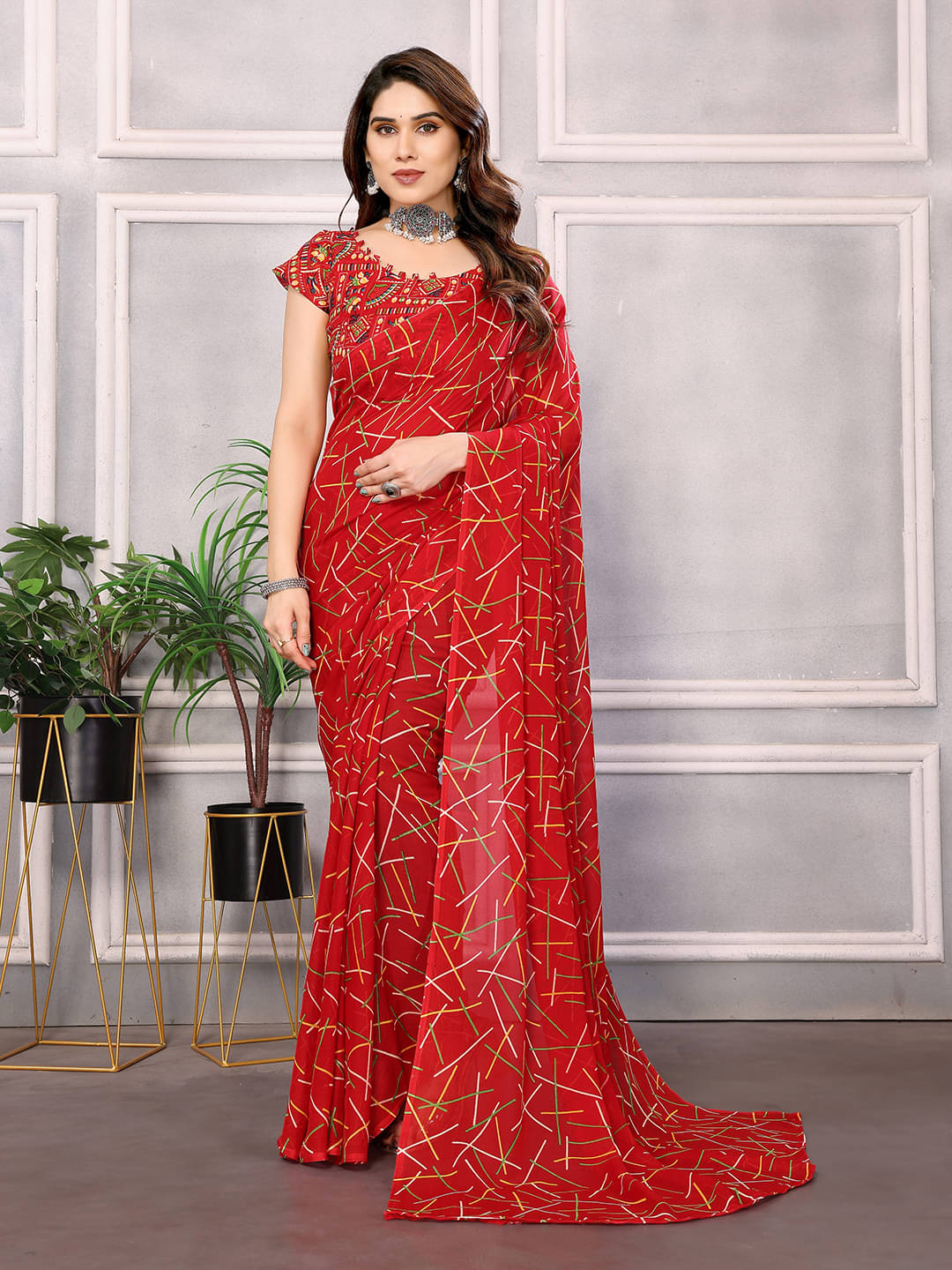     			Kashvi Sarees Georgette Printed Chanderi saree With Unstitched Blouse Piece ( Red )