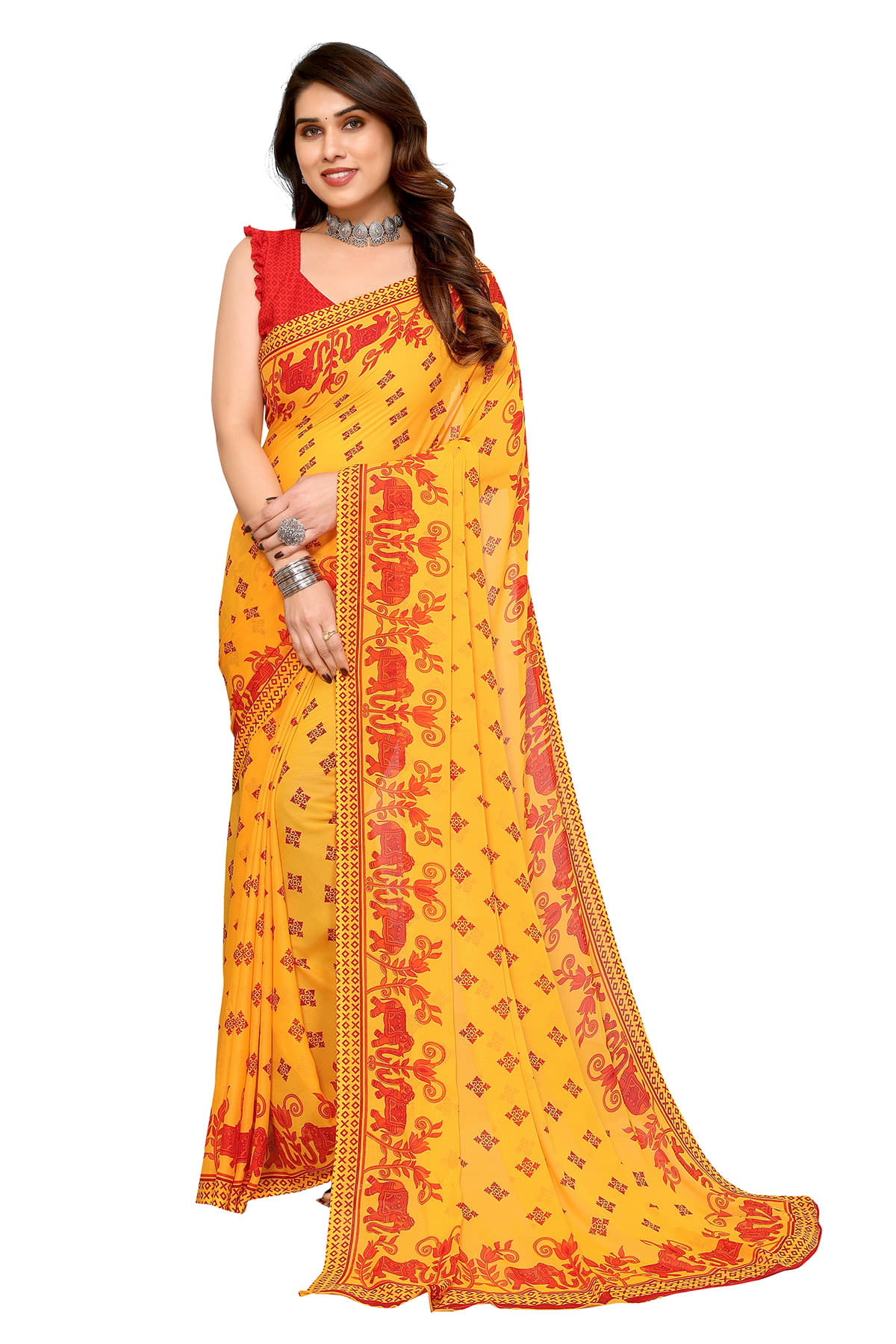 Kashvi Sarees Georgette Printed Chanderi saree With Unstitched Blouse Piece ( Red ) Kashvi Sarees Georgette Printed Chanderi saree With Unstitched Blouse Piece ( Red )