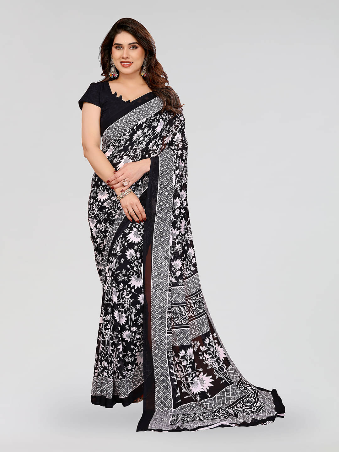 Kashvi Sarees Georgette Printed Chanderi saree With Unstitched Blouse Piece ( Black ) Kashvi Sarees Georgette Printed Chanderi saree With Unstitched Blouse Piece ( Black )