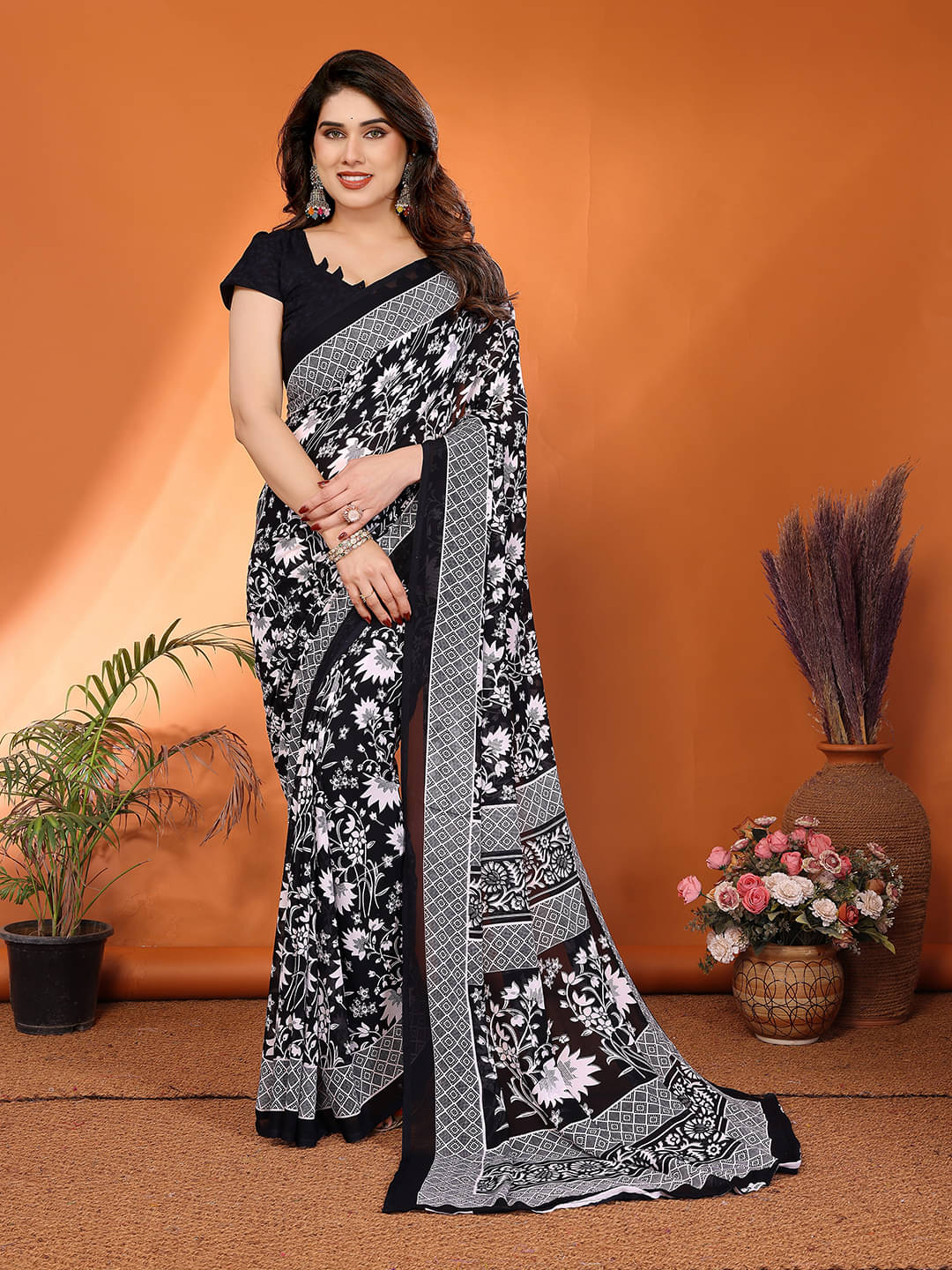     			Kashvi Sarees Georgette Printed Chanderi saree With Unstitched Blouse Piece ( Black )