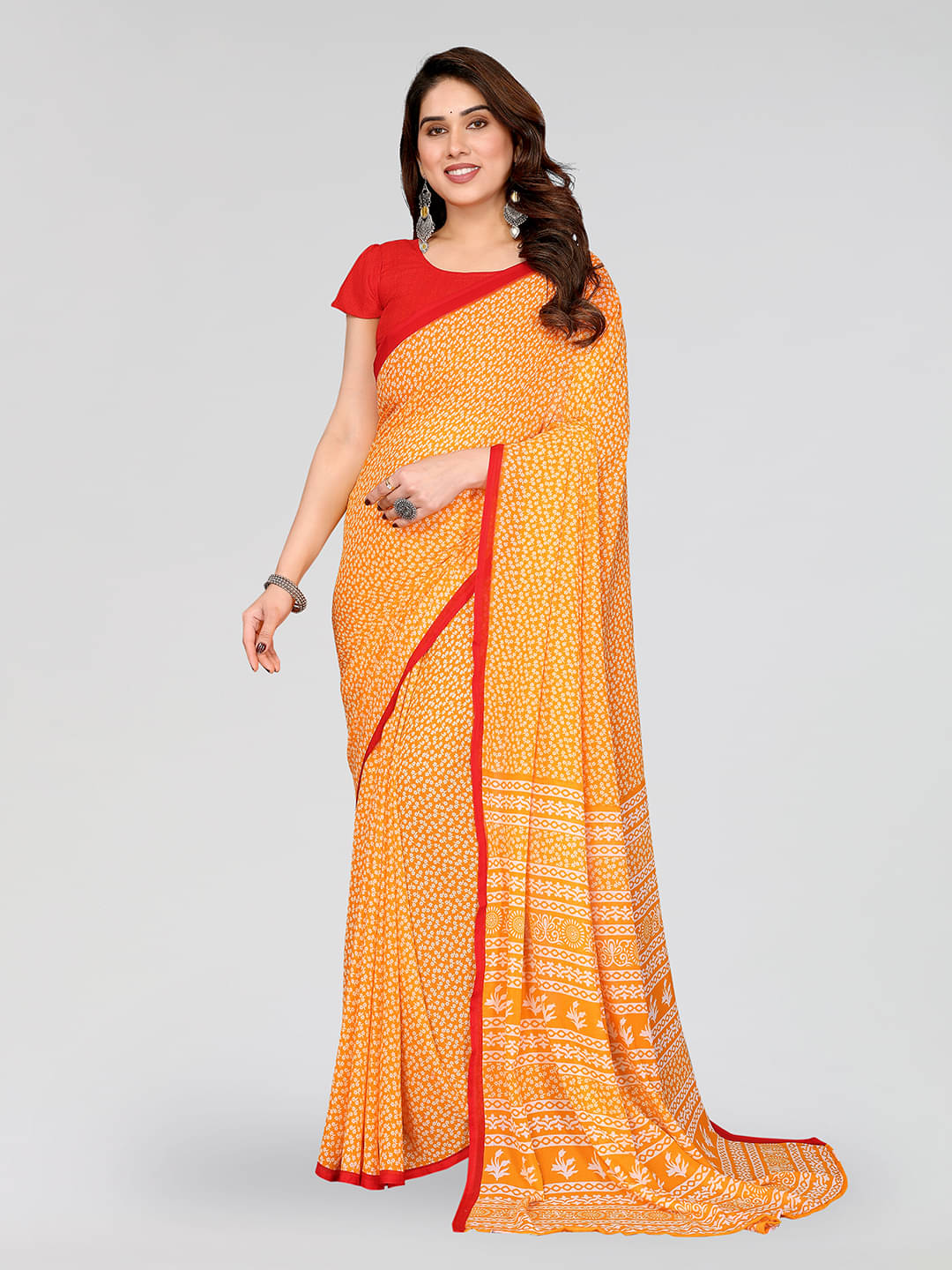     			Kashvi Sarees Georgette Printed Chanderi saree With Unstitched Blouse Piece ( Yellow )