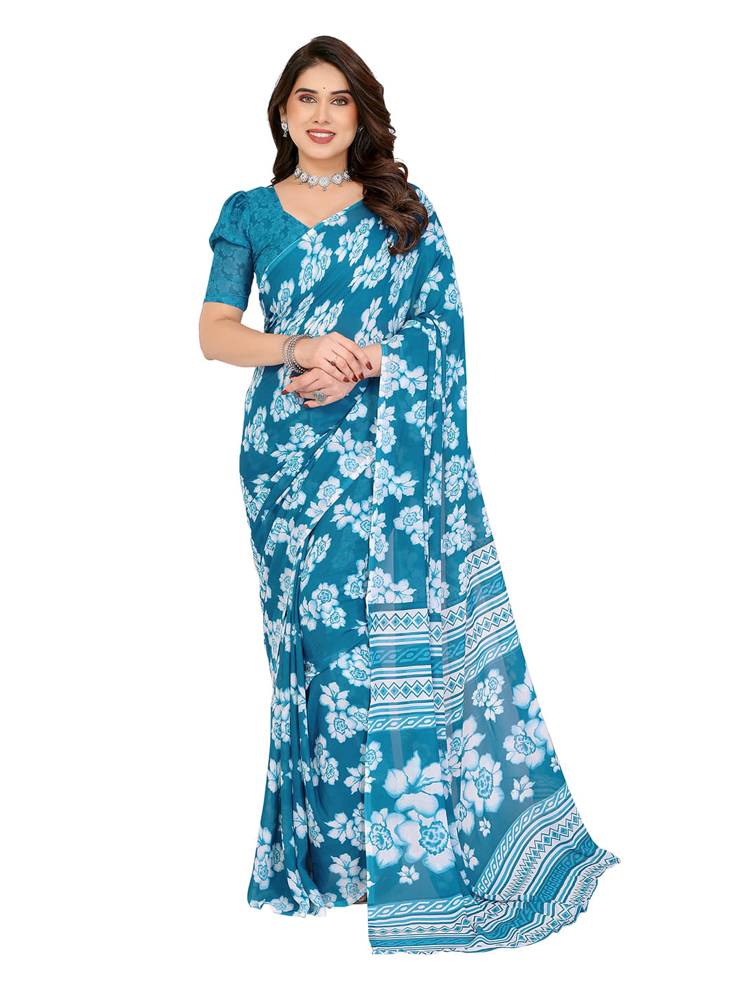 Kashvi Sarees Georgette Printed Chanderi saree With Unstitched Blouse Piece ( Aqua Blue ) Kashvi Sarees Georgette Printed Chanderi saree With Unstitched Blouse Piece ( Aqua Blue )