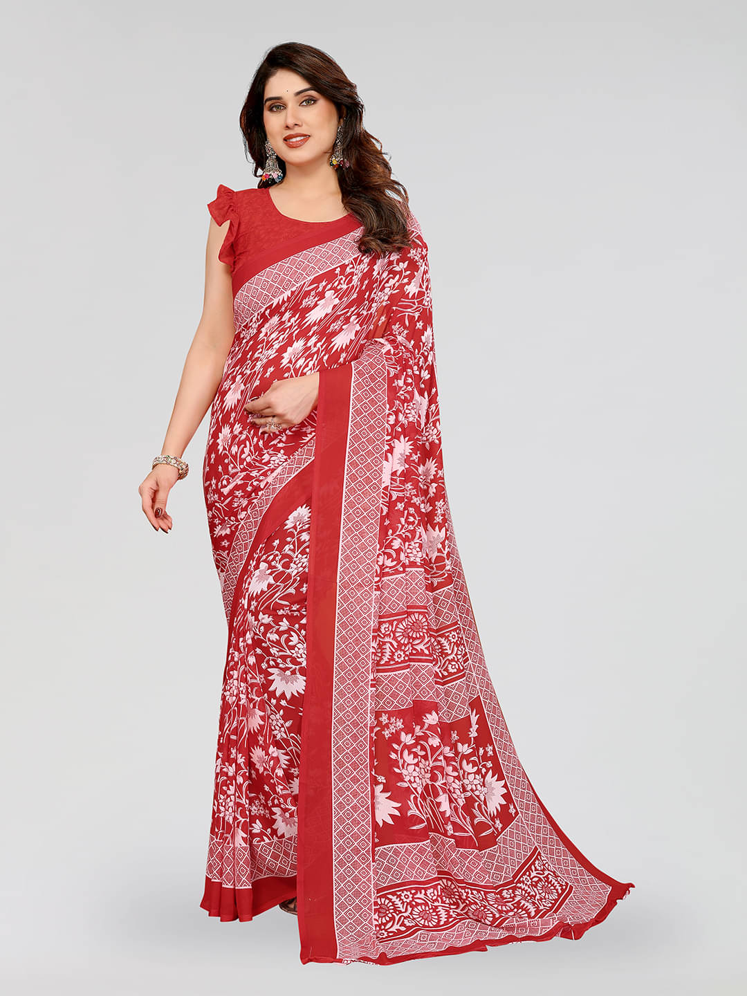     			Kashvi Sarees Georgette Printed Chanderi saree With Unstitched Blouse Piece ( Red )