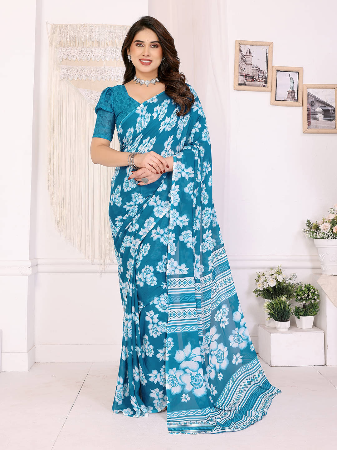 Kashvi Sarees Georgette Printed Chanderi saree With Unstitched Blouse Piece ( Aqua Blue ) Kashvi Sarees Georgette Printed Chanderi saree With Unstitched Blouse Piece ( Aqua Blue )