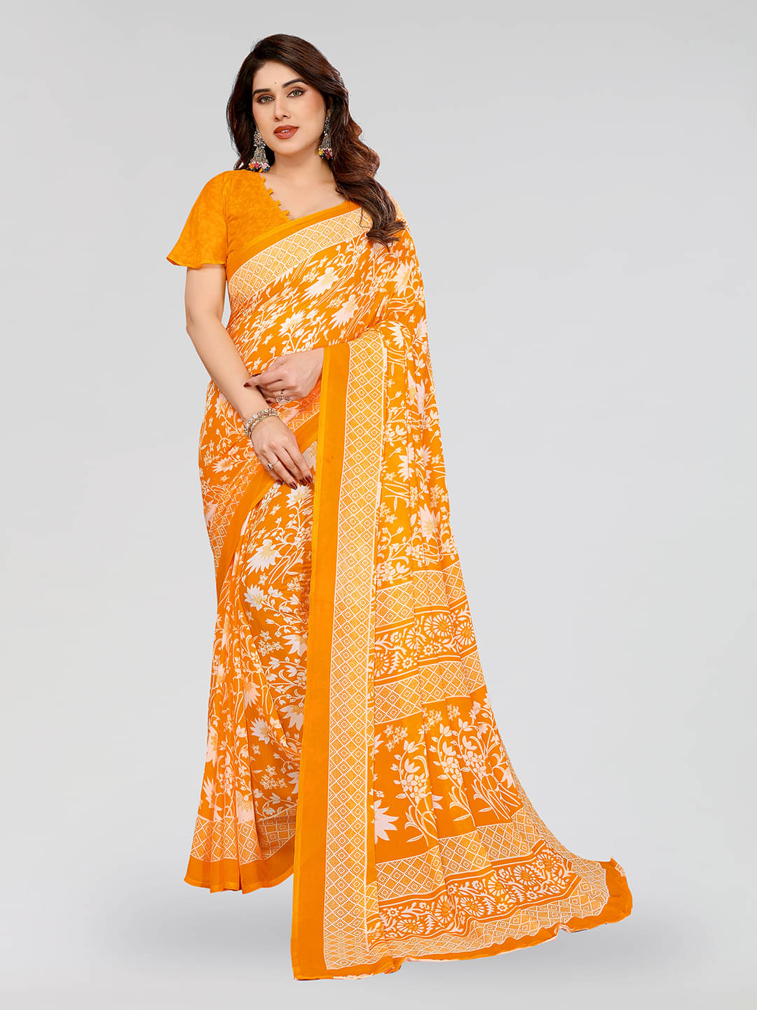 Kashvi Sarees Georgette Printed Chanderi saree With Unstitched Blouse Piece ( Yellow ) Kashvi Sarees Georgette Printed Chanderi saree With Unstitched Blouse Piece ( Yellow )