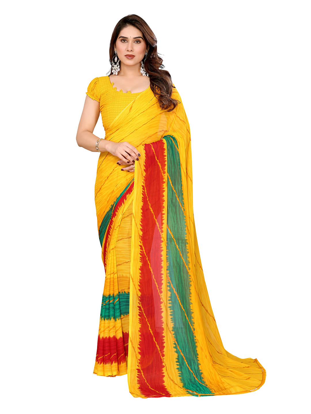 Kashvi Sarees Georgette Printed Leheriya Saree With Unstitched Blouse Piece ( Yellow ) Kashvi Sarees Georgette Printed Leheriya Saree With Unstitched Blouse Piece ( Yellow )
