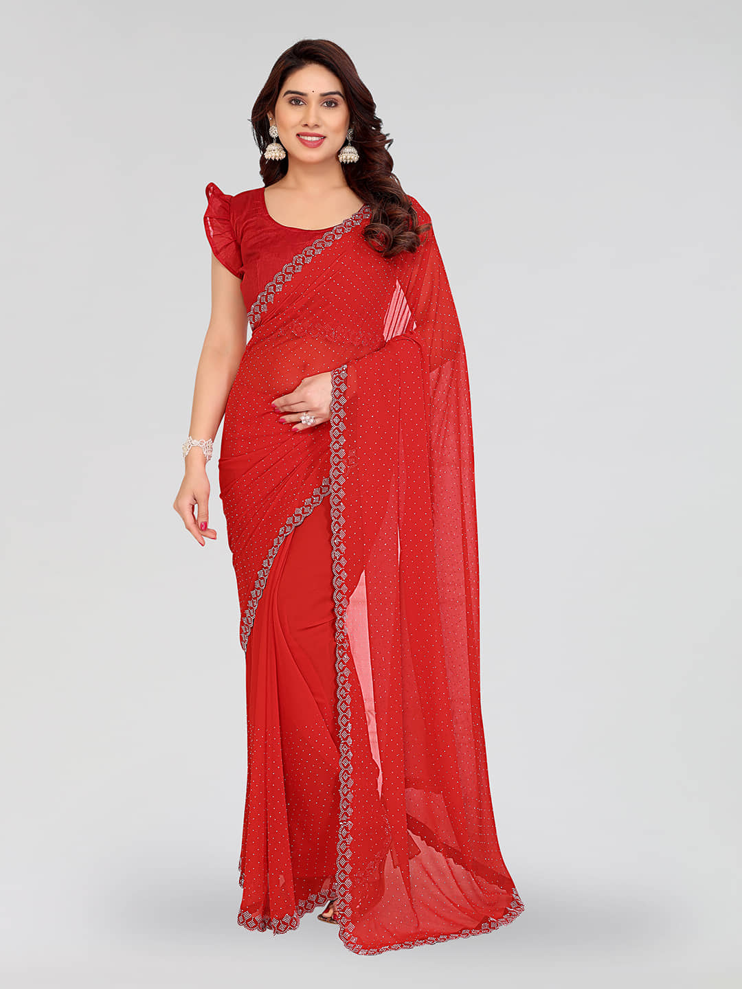 Kashvi Sarees Georgette Self Design Kasavu Saree With Unstitched Blouse Piece ( Red ) - Sarees | Buy online on ZillyBuy