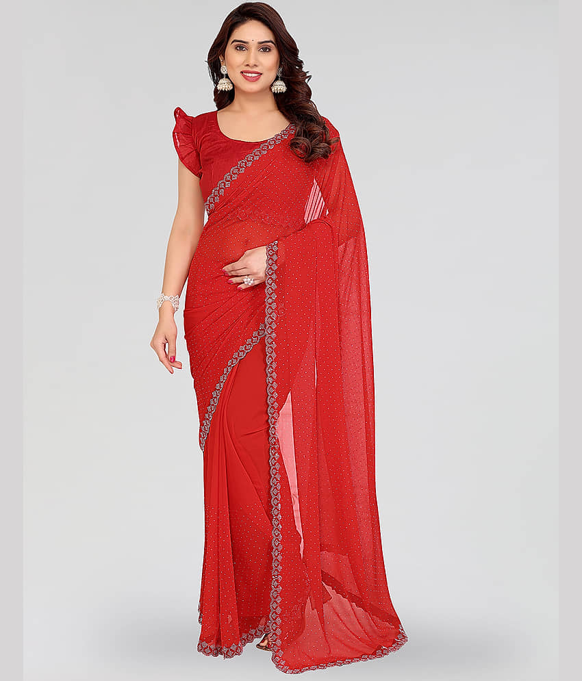 Kashvi Sarees Georgette Self Design Kasavu Saree With Unstitched Blouse Piece ( Red ) - Sarees | Buy online on ZillyBuy