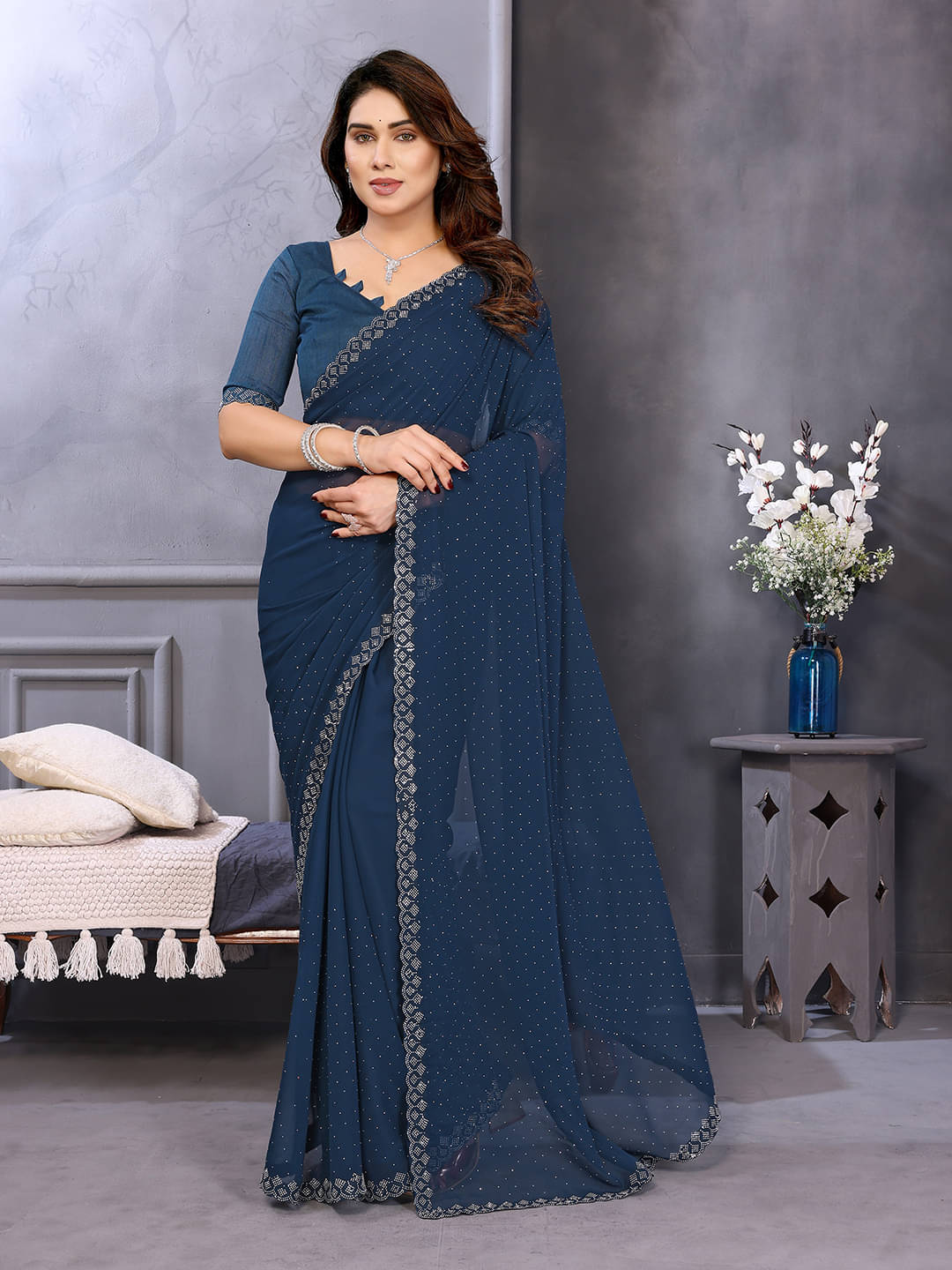     			Kashvi Sarees Georgette Self Design Kasavu Saree With Unstitched Blouse Piece ( Blue )