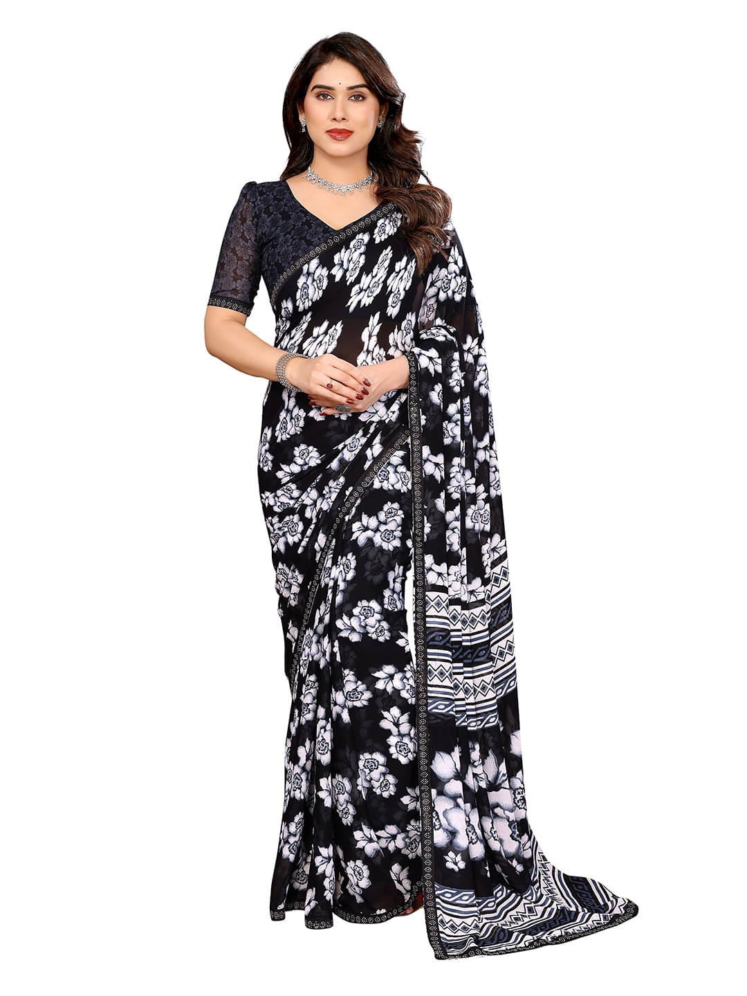     			ANAND SAREES Georgette Embellished Chanderi saree With Unstitched Blouse Piece ( Black )