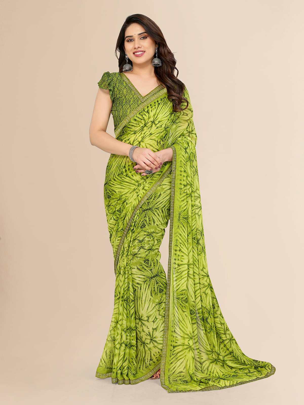     			ANAND SAREES Georgette Embellished Chanderi saree With Unstitched Blouse Piece ( Green )