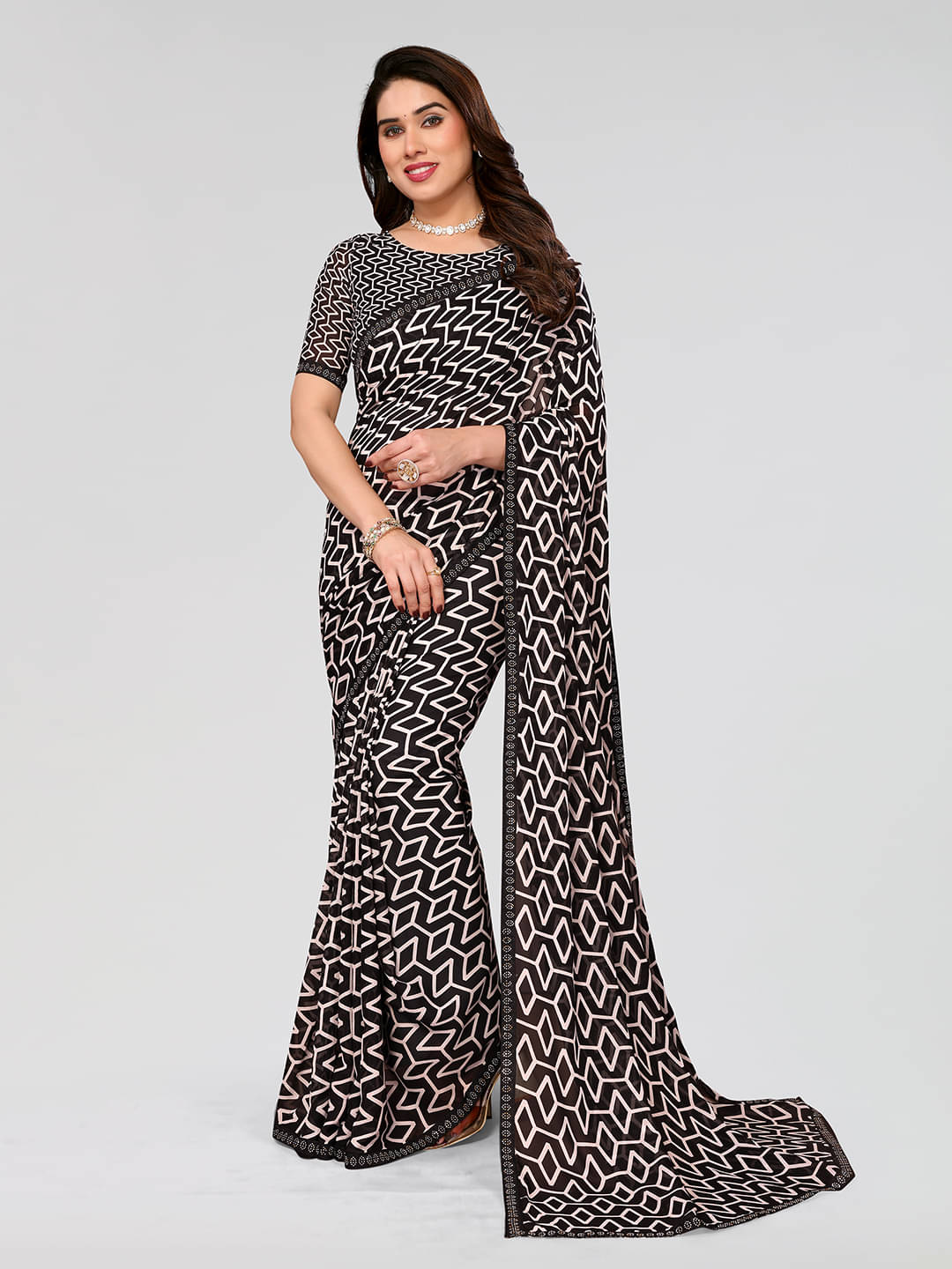     			ANAND SAREES Georgette Embellished Chanderi saree With Unstitched Blouse Piece ( Black )