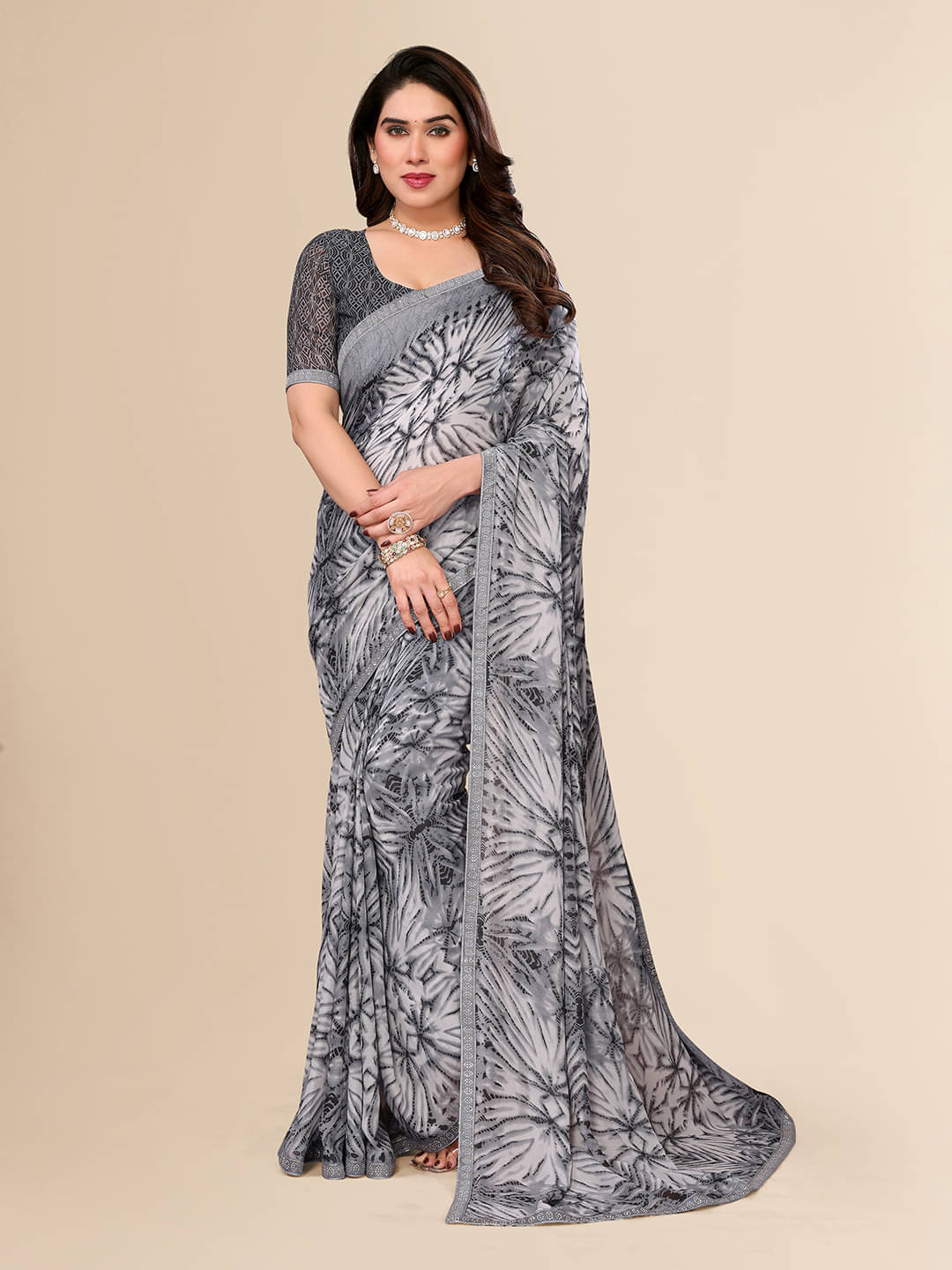 ANAND SAREES Georgette Embellished Chanderi saree With Unstitched Blouse Piece ( Grey ) ANAND SAREES Georgette Embellished Chanderi saree With Unstitched Blouse Piece ( Grey )