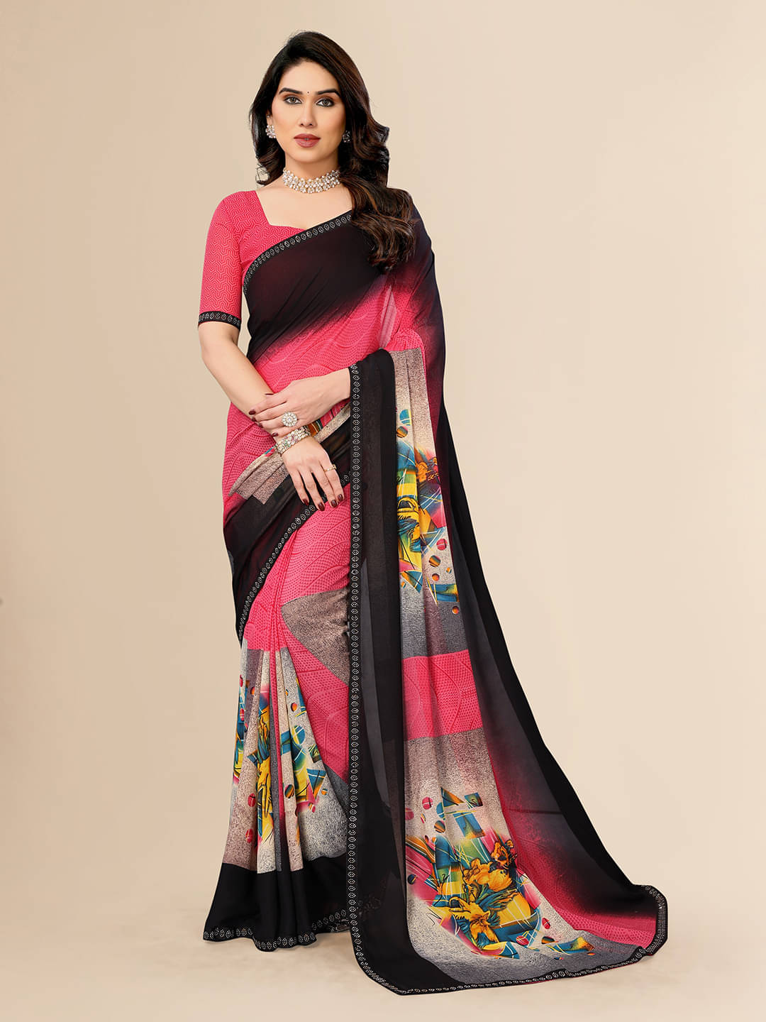     			ANAND SAREES Georgette Embellished Chanderi saree With Unstitched Blouse Piece ( Pink )