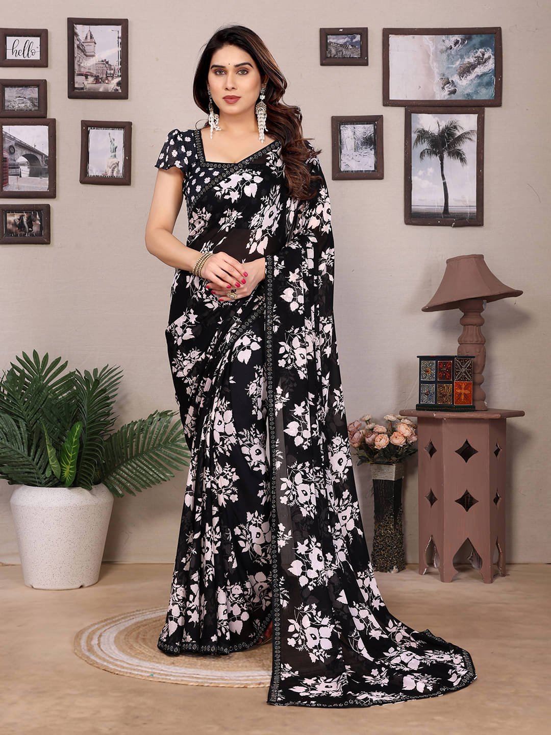 ANAND SAREES Georgette Embellished Chanderi saree With Unstitched Blouse Piece ( Black ) ANAND SAREES Georgette Embellished Chanderi saree With Unstitched Blouse Piece ( Black )