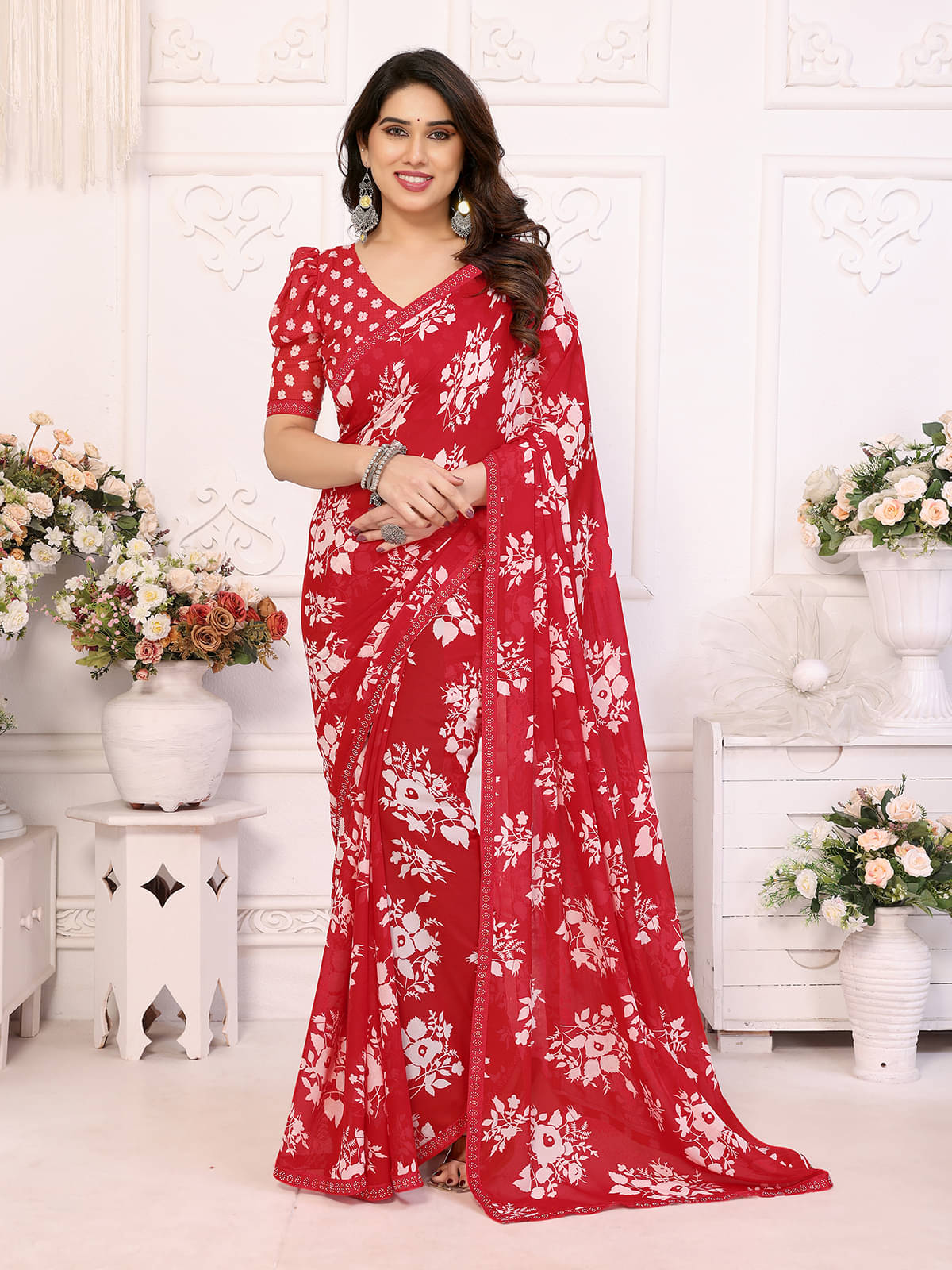 ANAND SAREES Georgette Embellished Chanderi saree With Unstitched Blouse Piece ( Red ) ANAND SAREES Georgette Embellished Chanderi saree With Unstitched Blouse Piece ( Red )