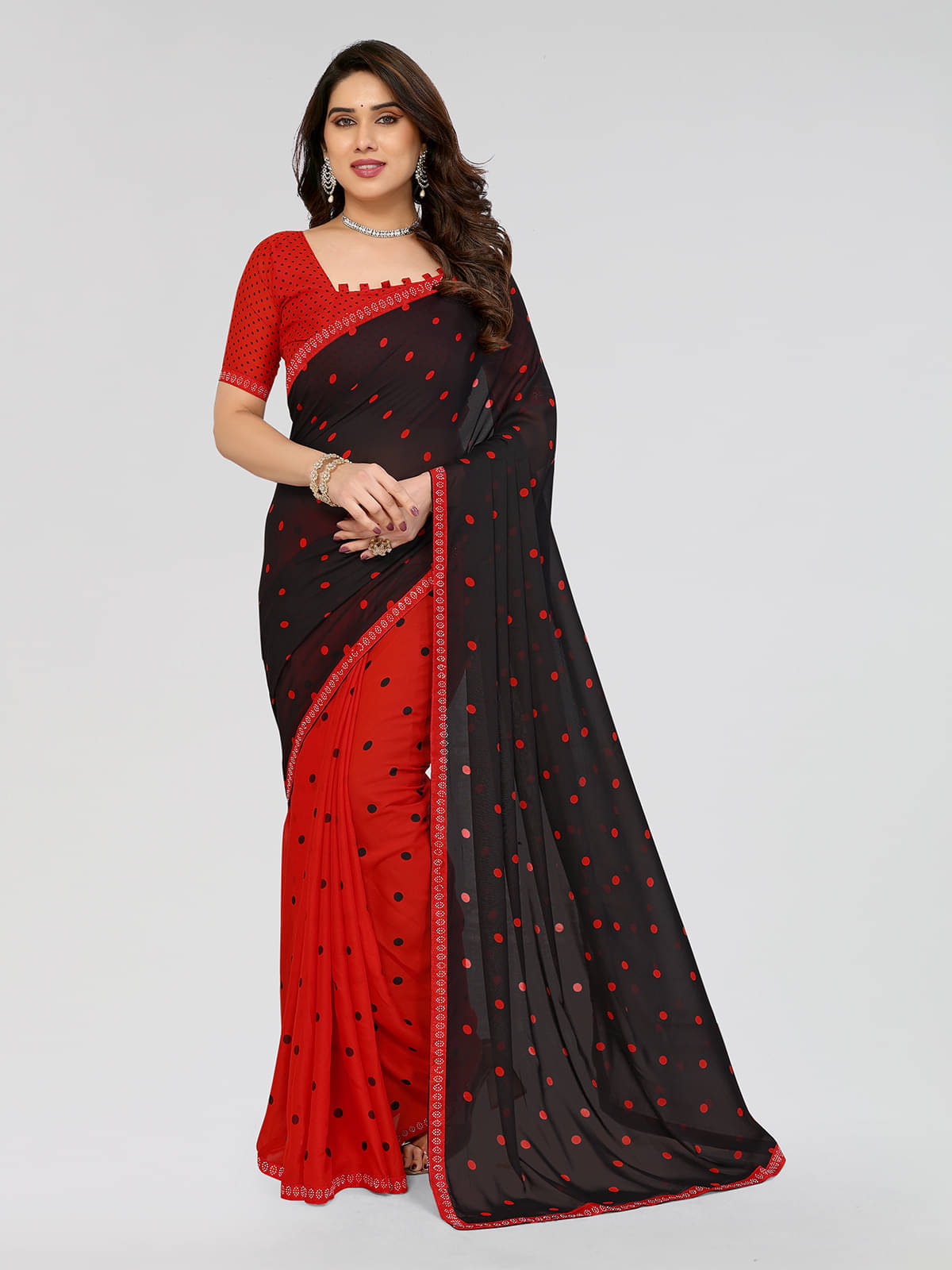     			ANAND SAREES Georgette Embellished Chanderi saree With Unstitched Blouse Piece ( Red )