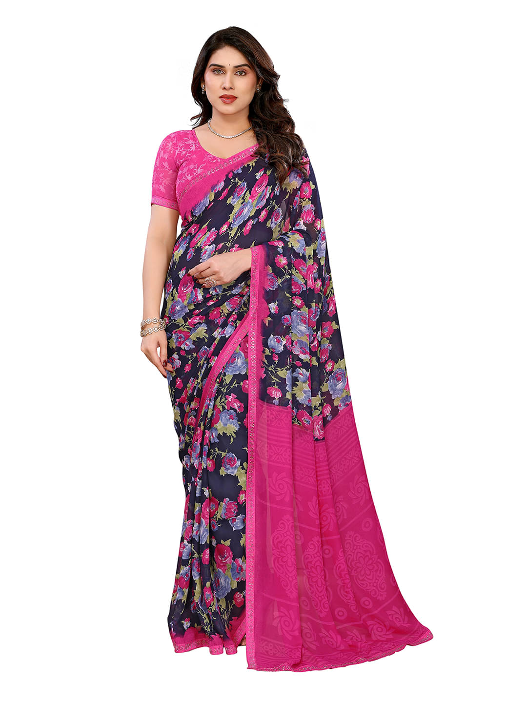     			ANAND SAREES Georgette Embellished Chanderi saree With Unstitched Blouse Piece ( Blue )