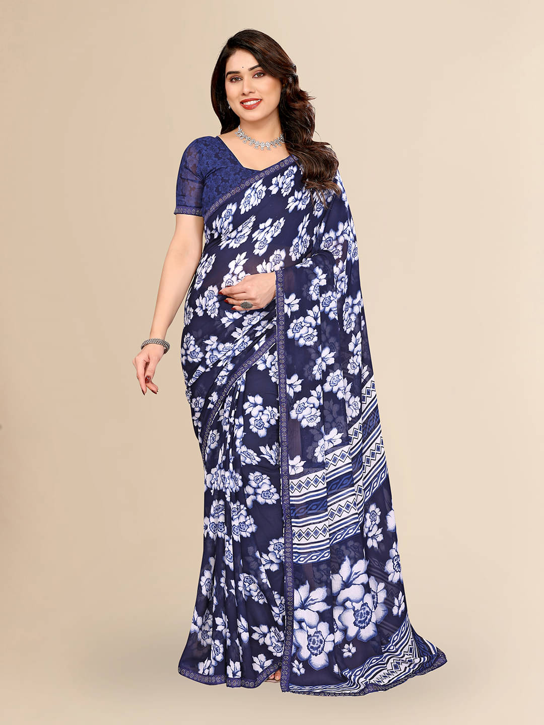     			ANAND SAREES Georgette Embellished Chanderi saree With Unstitched Blouse Piece ( Navy Blue )