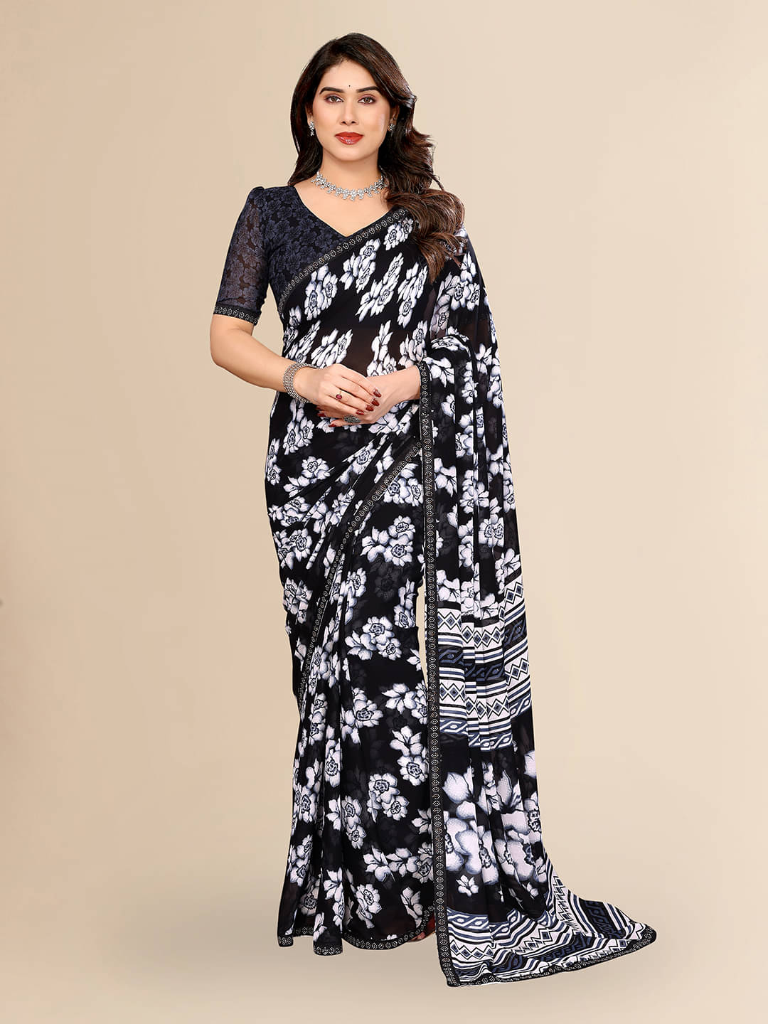 ANAND SAREES Georgette Embellished Chanderi saree With Unstitched Blouse Piece ( Black ) ANAND SAREES Georgette Embellished Chanderi saree With Unstitched Blouse Piece ( Black )