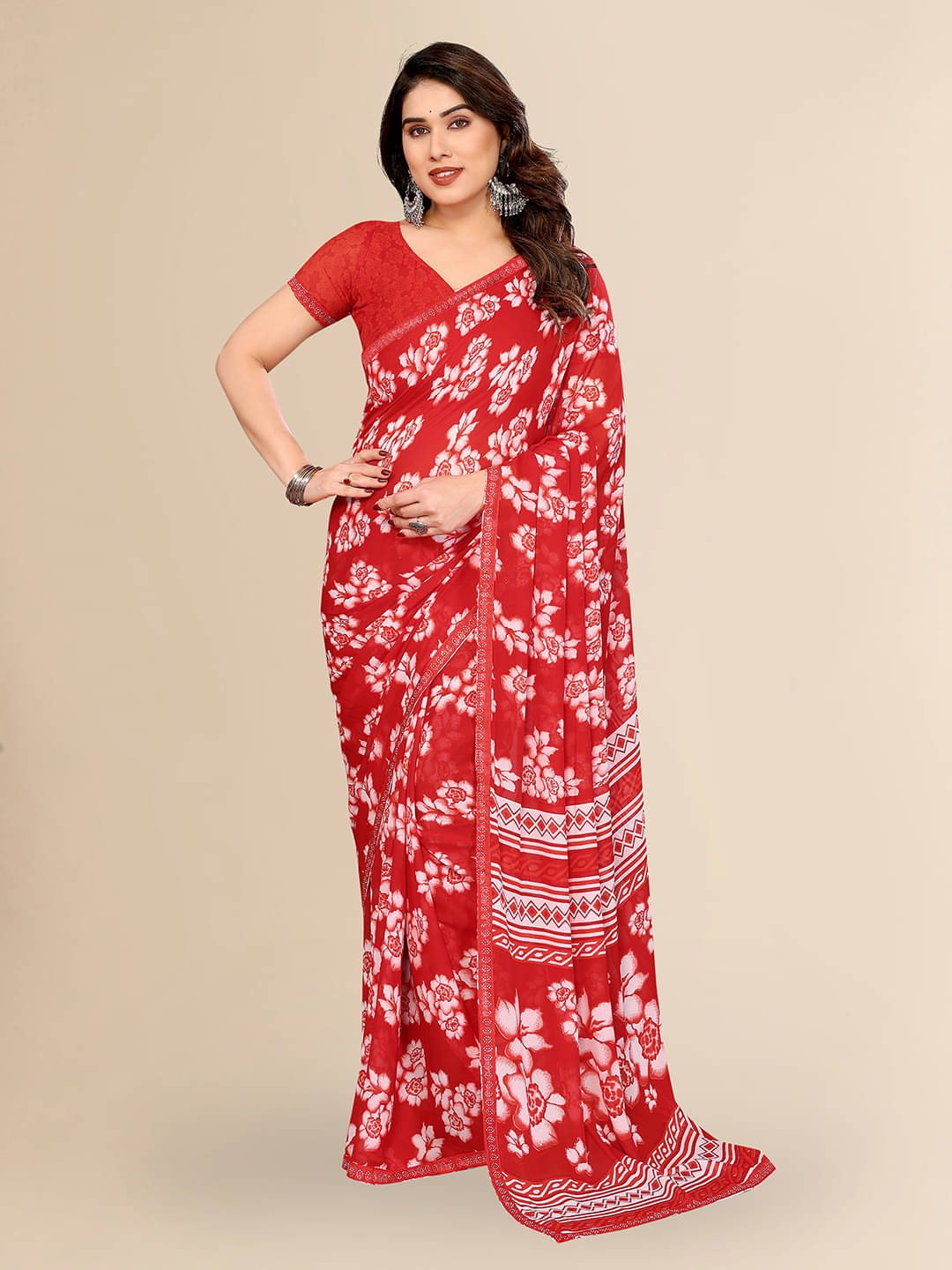 ANAND SAREES Georgette Embellished Chanderi saree With Unstitched Blouse Piece ( Red ) ANAND SAREES Georgette Embellished Chanderi saree With Unstitched Blouse Piece ( Red )