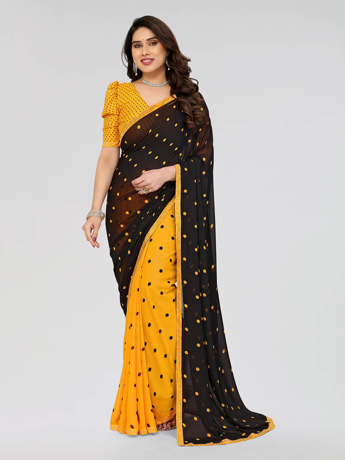     			ANAND SAREES Georgette Embellished Chanderi saree With Unstitched Blouse Piece ( Yellow )