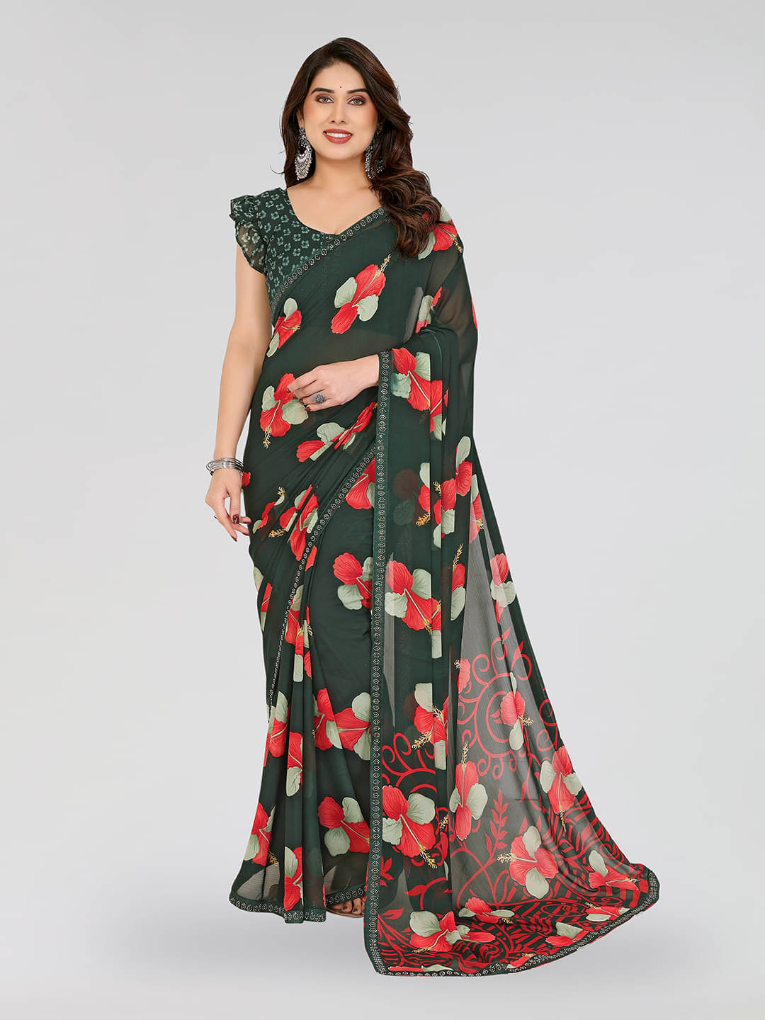 ANAND SAREES Georgette Embellished Chanderi saree With Unstitched Blouse Piece ( Green ) ANAND SAREES Georgette Embellished Chanderi saree With Unstitched Blouse Piece ( Green )