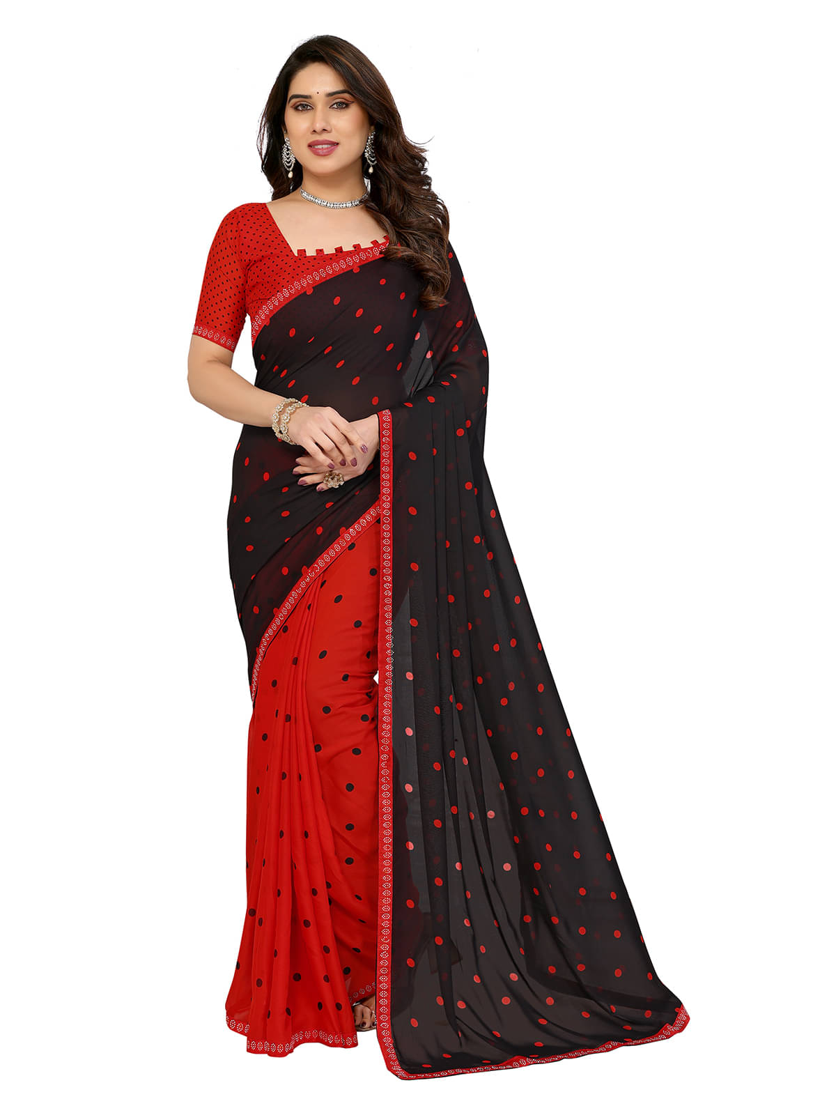 ANAND SAREES Georgette Embellished Chanderi saree With Unstitched Blouse Piece ( Red ) ANAND SAREES Georgette Embellished Chanderi saree With Unstitched Blouse Piece ( Red )