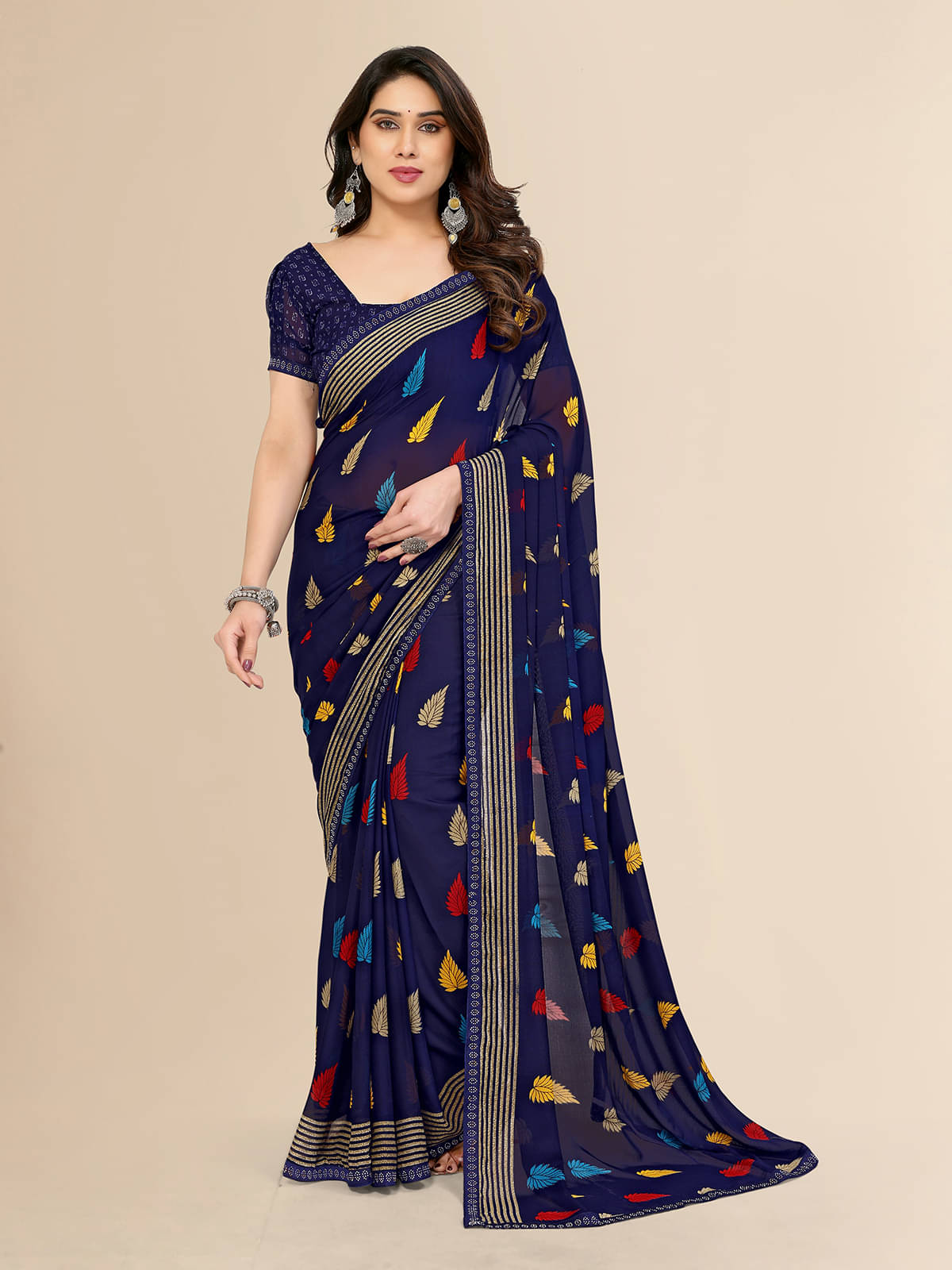     			ANAND SAREES Georgette Embellished Chanderi saree With Unstitched Blouse Piece ( Blue )