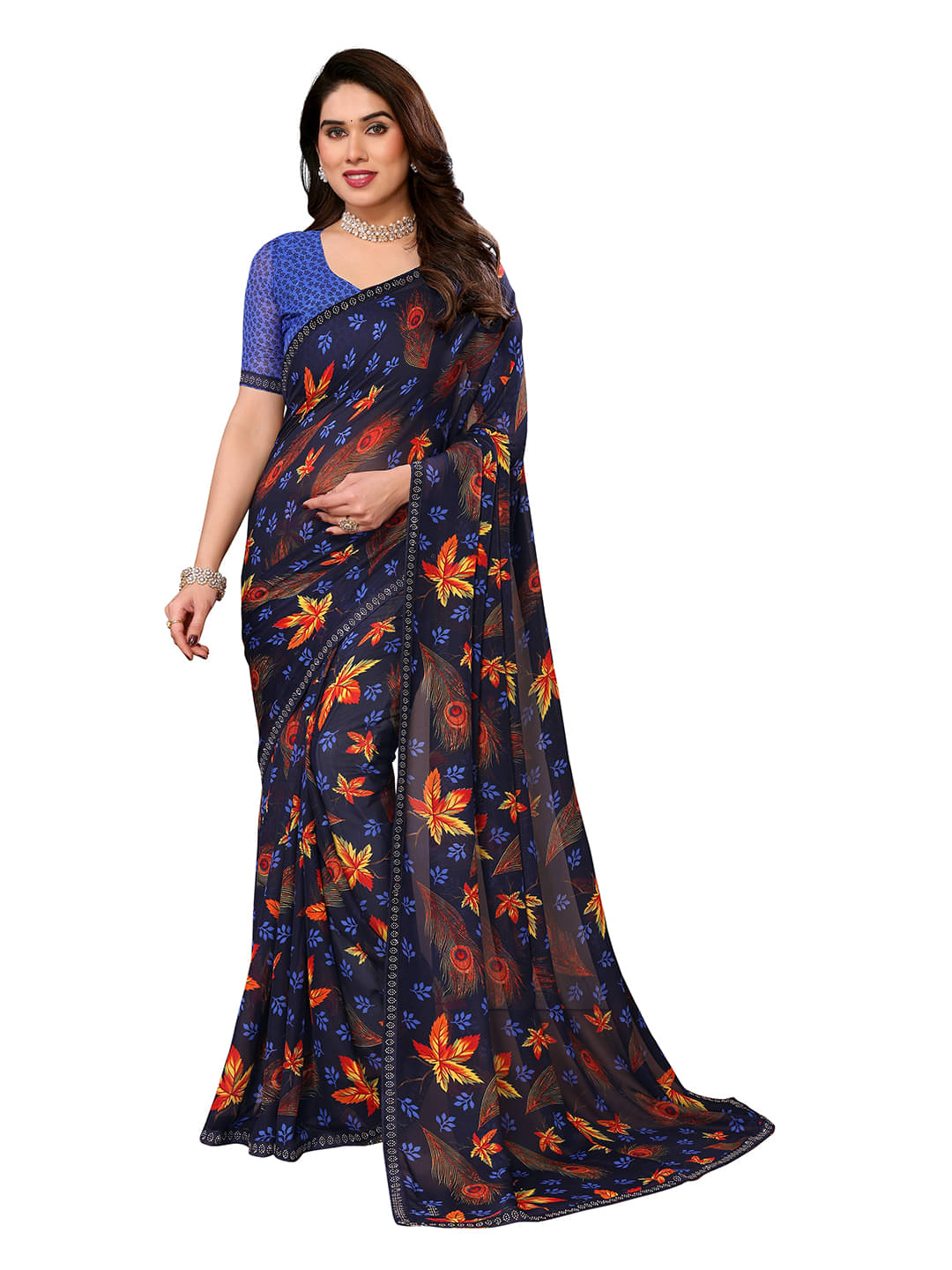     			ANAND SAREES Georgette Embellished Chanderi saree With Unstitched Blouse Piece ( Blue )
